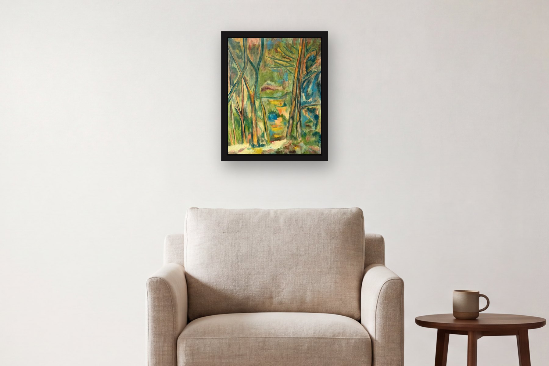 House in Woods by Artist not recorded, hanging above an armchair