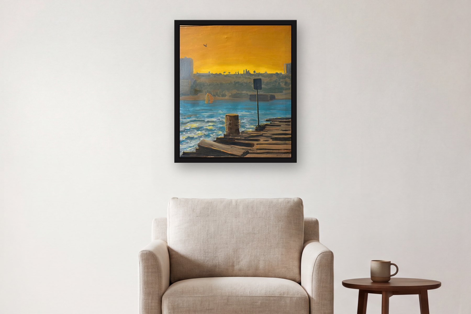 Hudson River by Bill Sullivan, hanging above an armchair