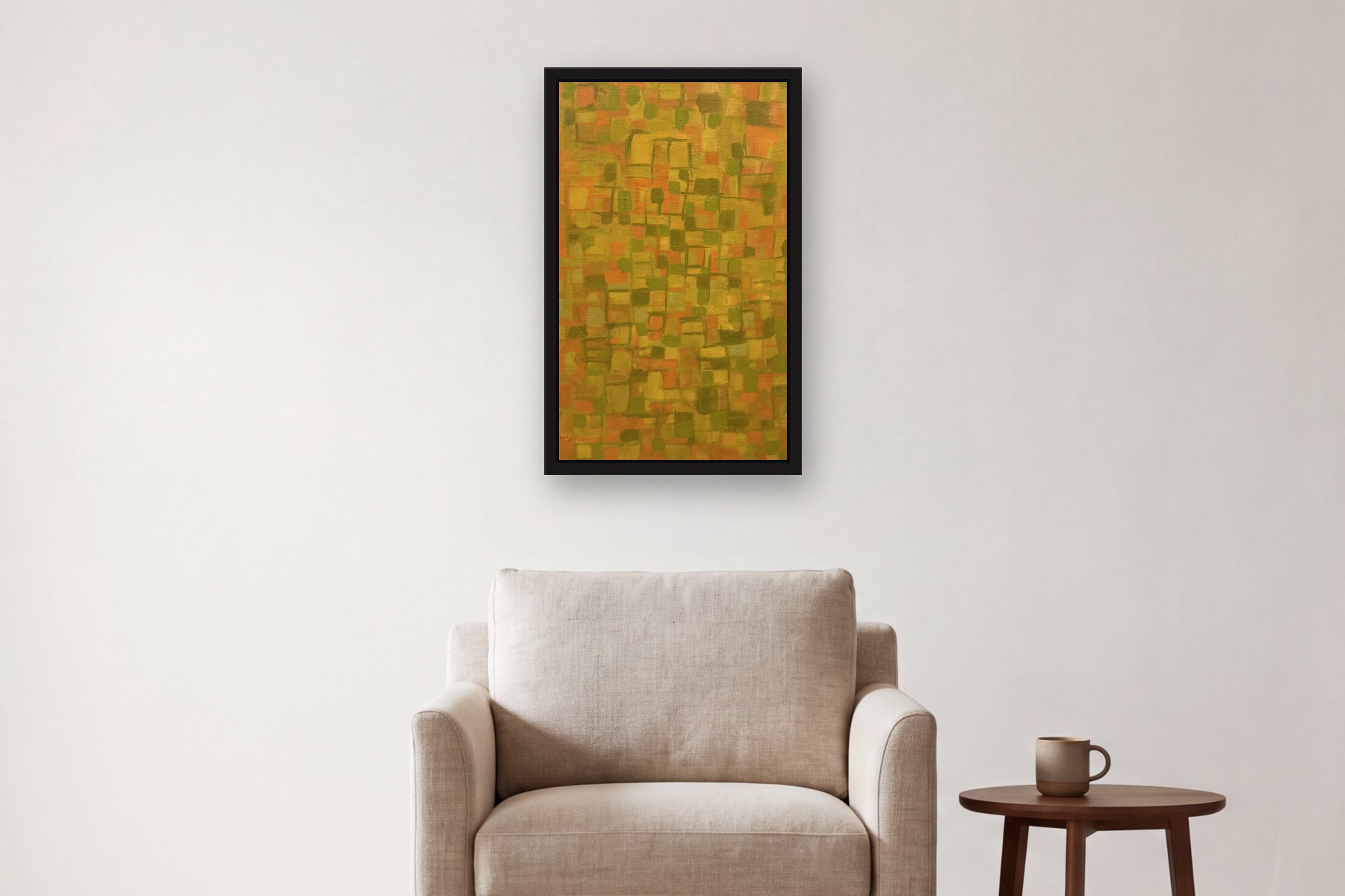 Orange Blocks by Bill Sullivan, hanging above an armchair