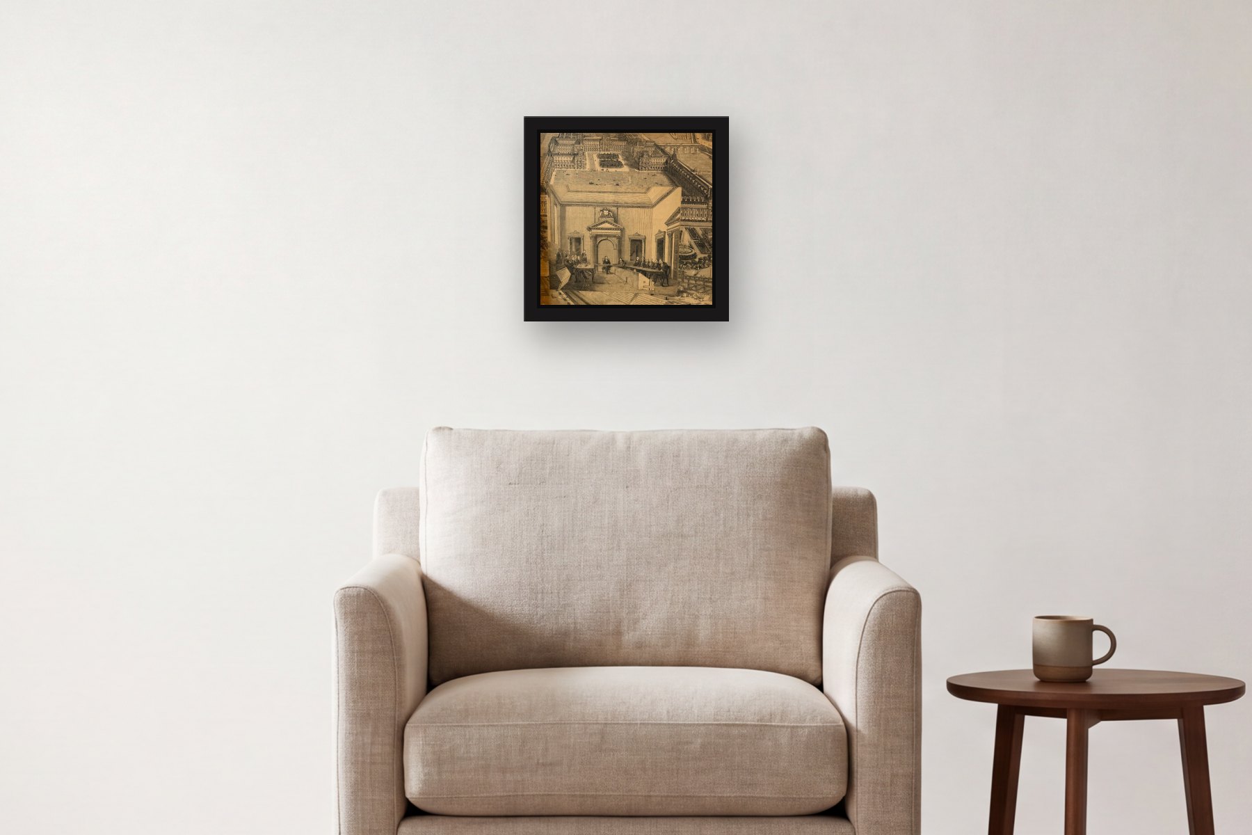 Parliament by Artist not recorded, hanging above an armchair