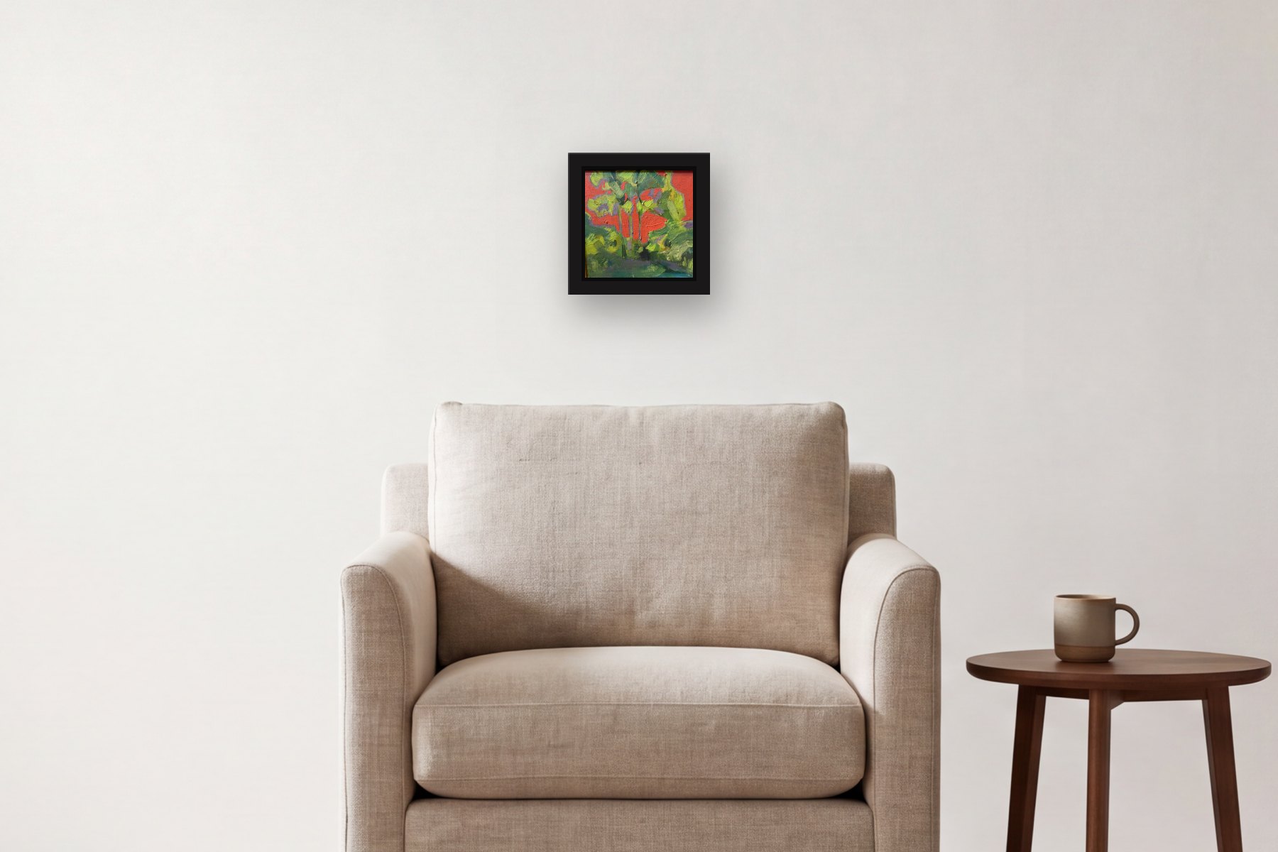 Red and Green by Artist not recorded, hanging above an armchair