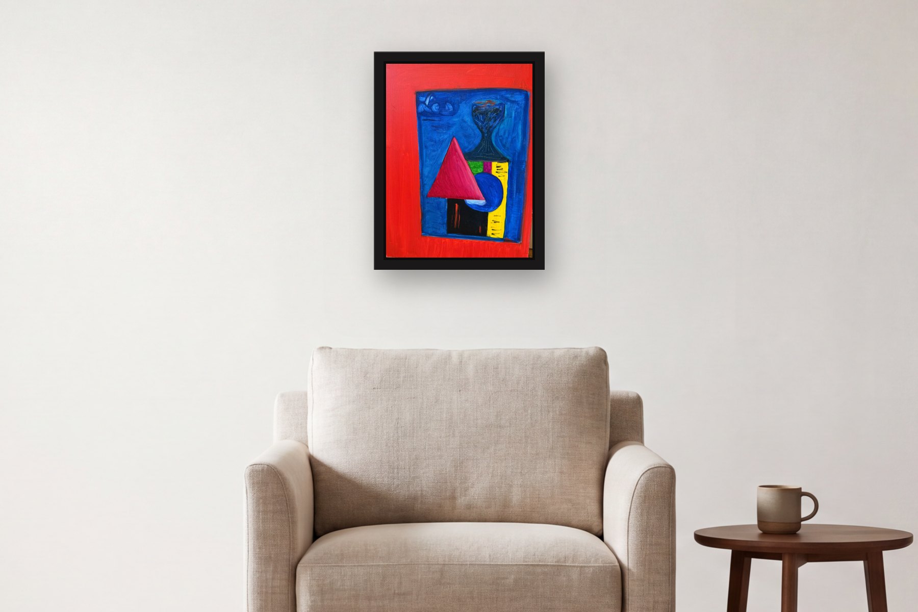 Red Triangle by Artist not recorded, hanging above an armchair