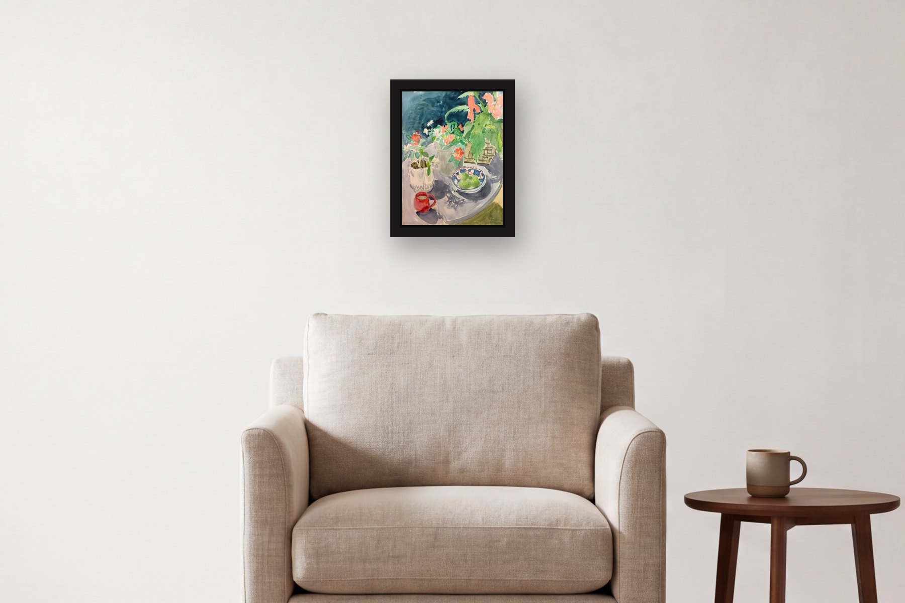 Still Life by Nancy Beal, hanging above an armchair