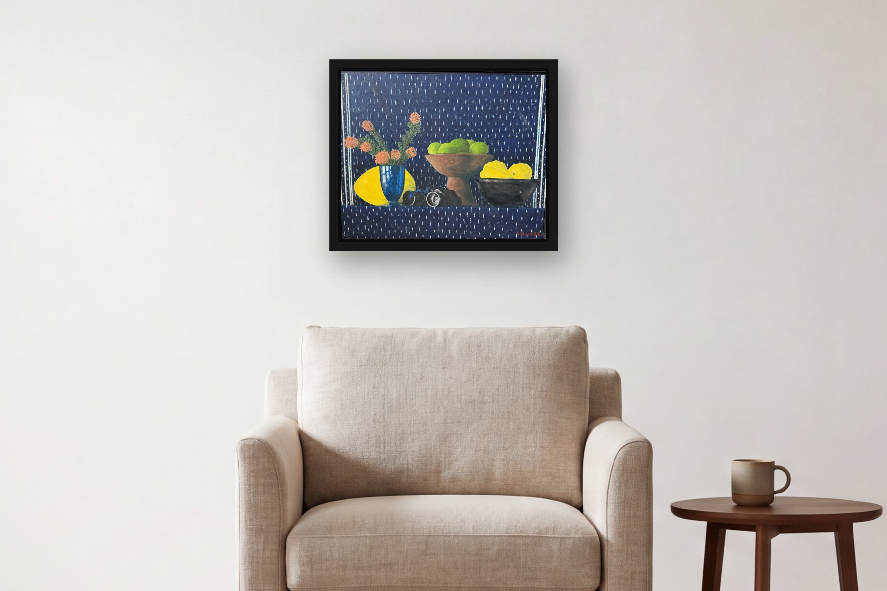 Still life with Binoculars by Bill Sullivan, hanging above an armchair