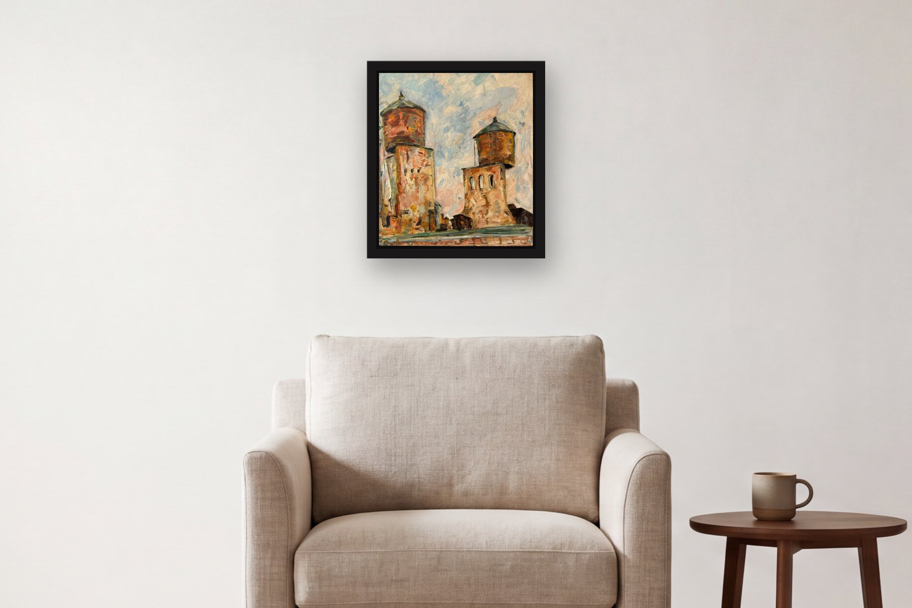 Untitled (Water Tanks) by Artist not recorded, hanging above an armchair