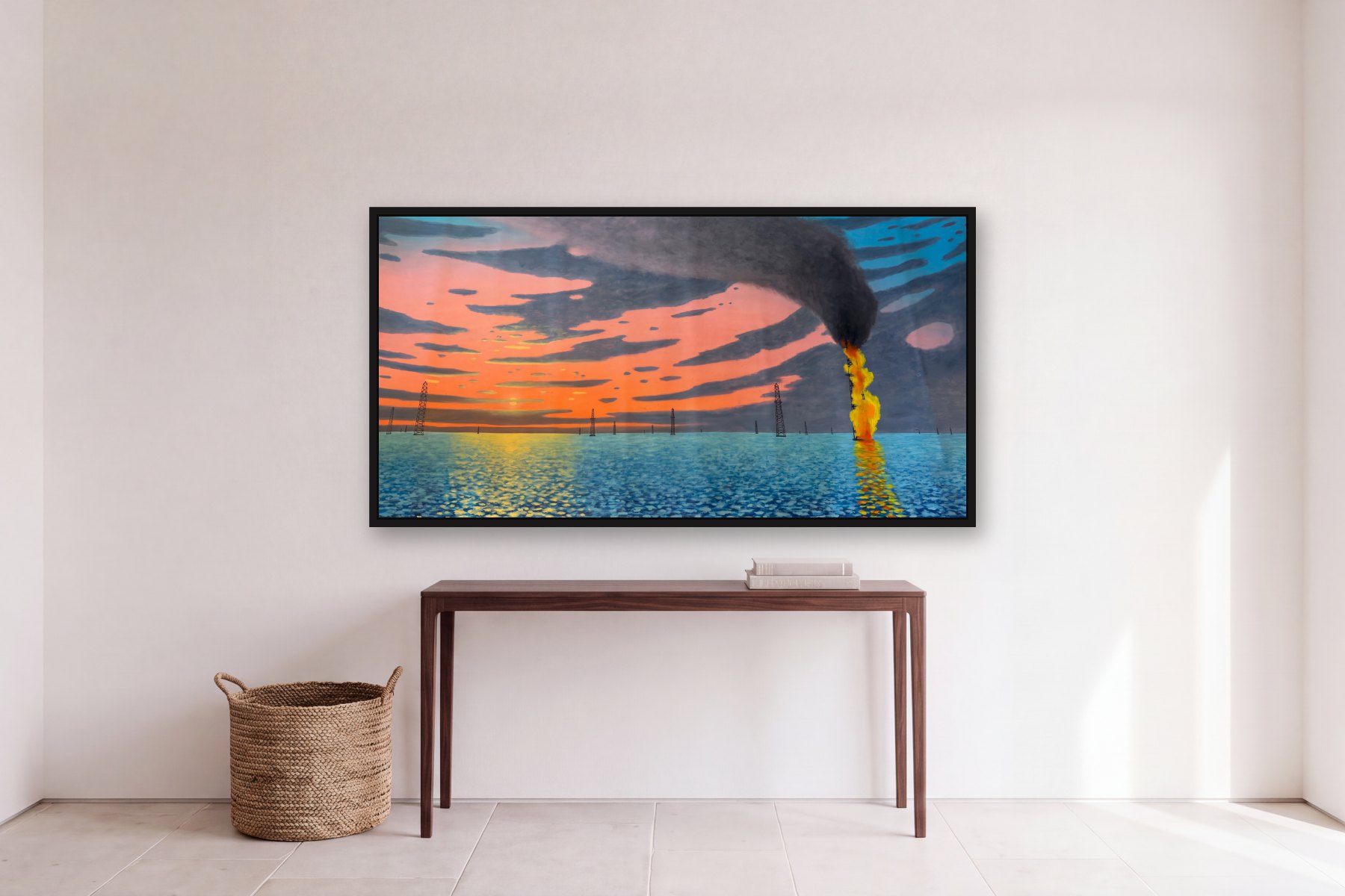 Burning Oil Well in Lake Maracaibo by Bill Sullivan, hanging above a console table in a hallway