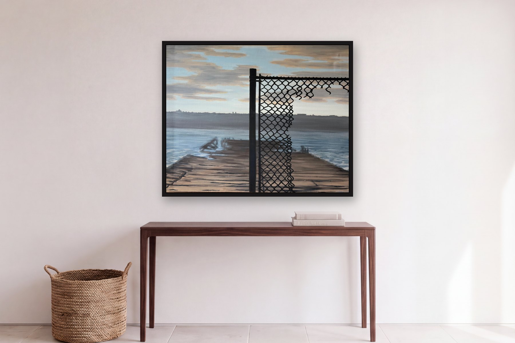 Dock by Bill Sullivan, hanging above a console table in a hallway