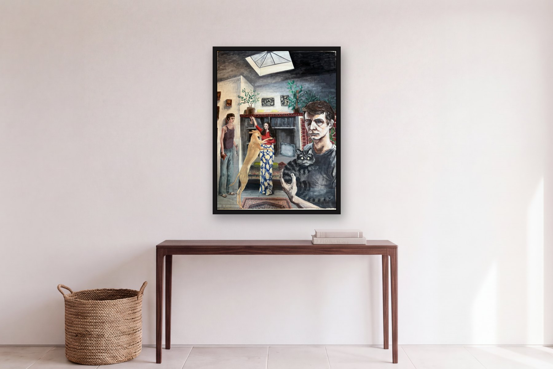 Family de Bill Sullivan, pendurada sobre uma mesa em um hall