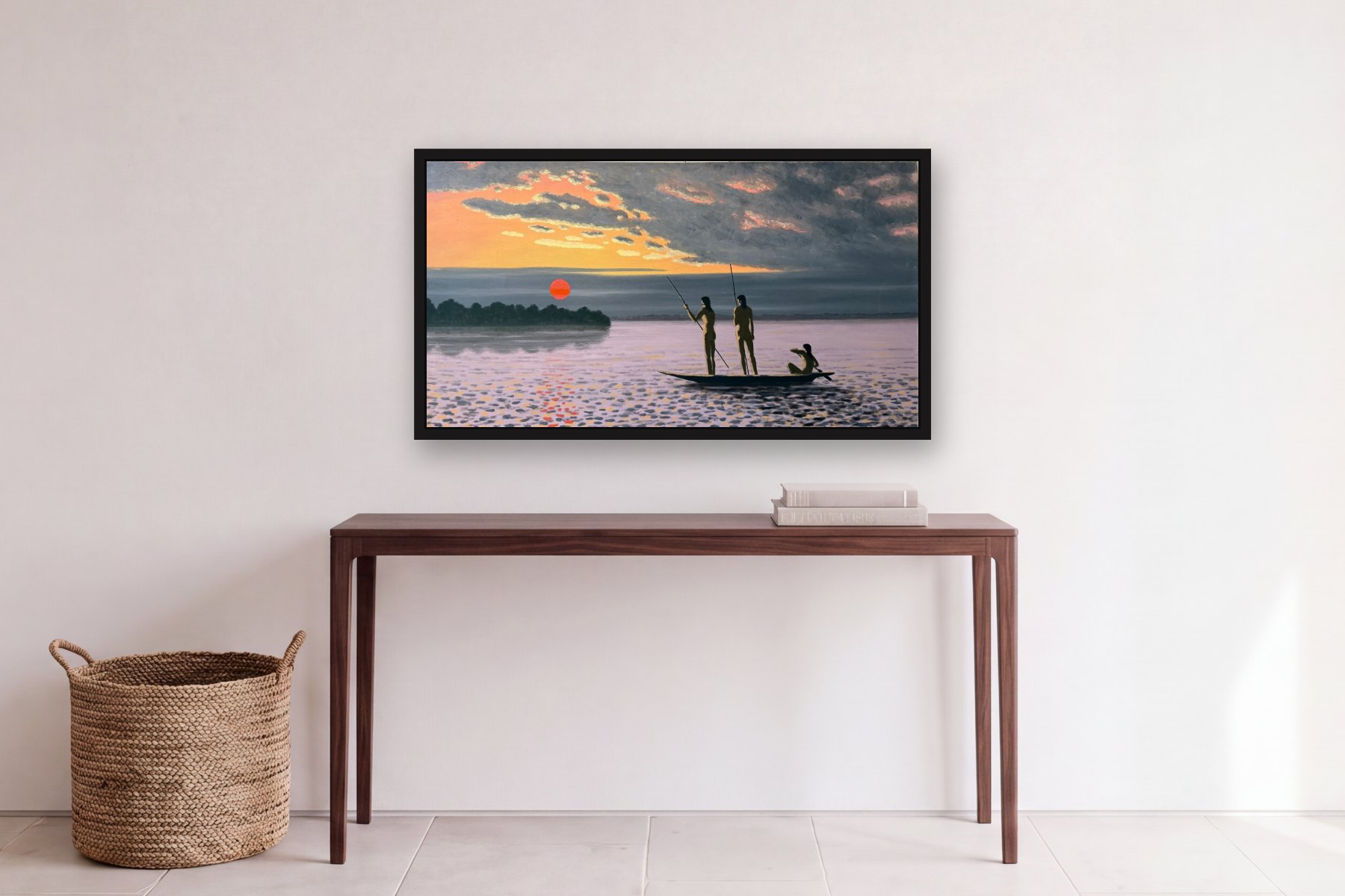 Fishermen by Bill Sullivan, hanging above a console table in a hallway