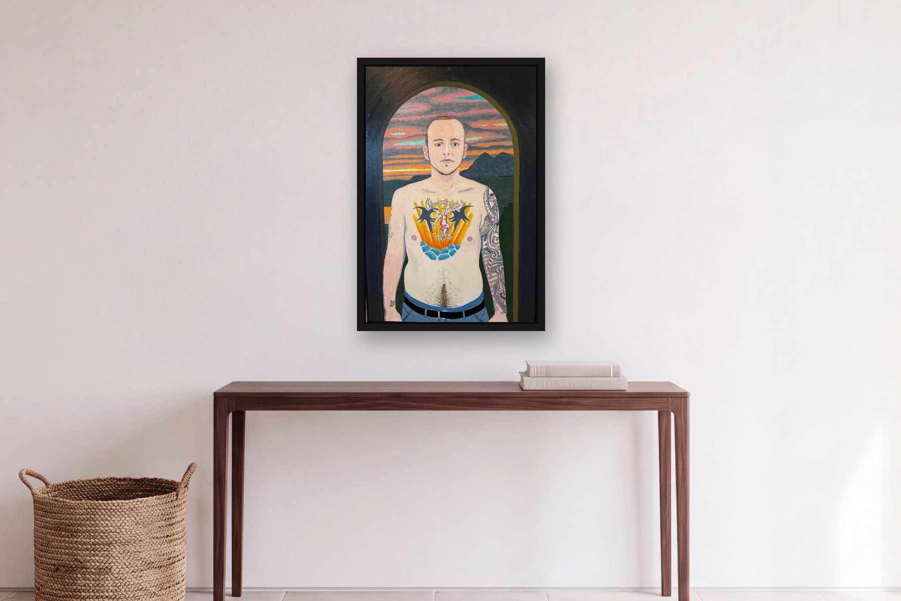 Forever in My Heart Mom de Bill Sullivan, pendurada sobre uma mesa em um hall
