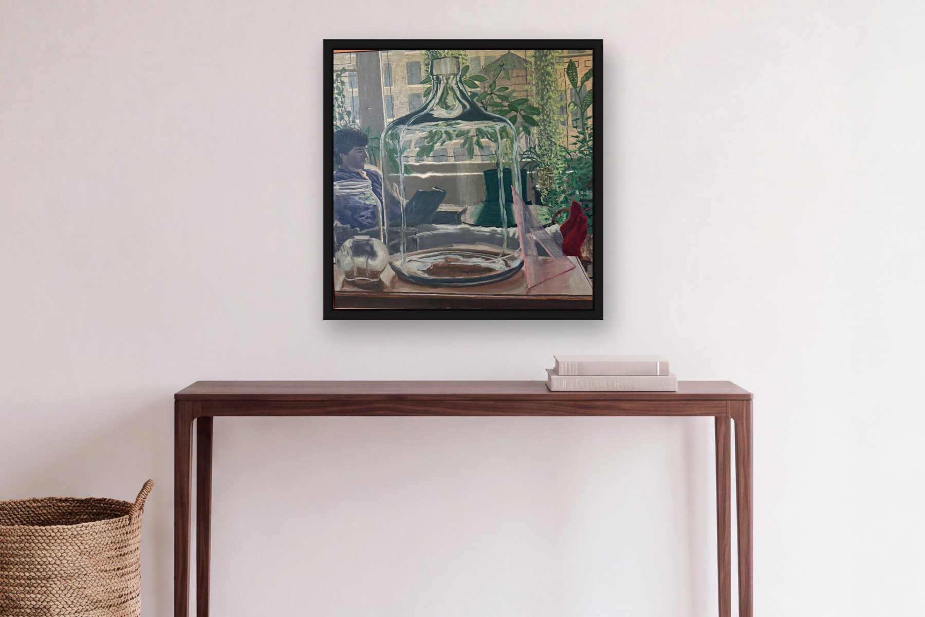 Green Jug by Bill Sullivan, hanging above a console table in a hallway