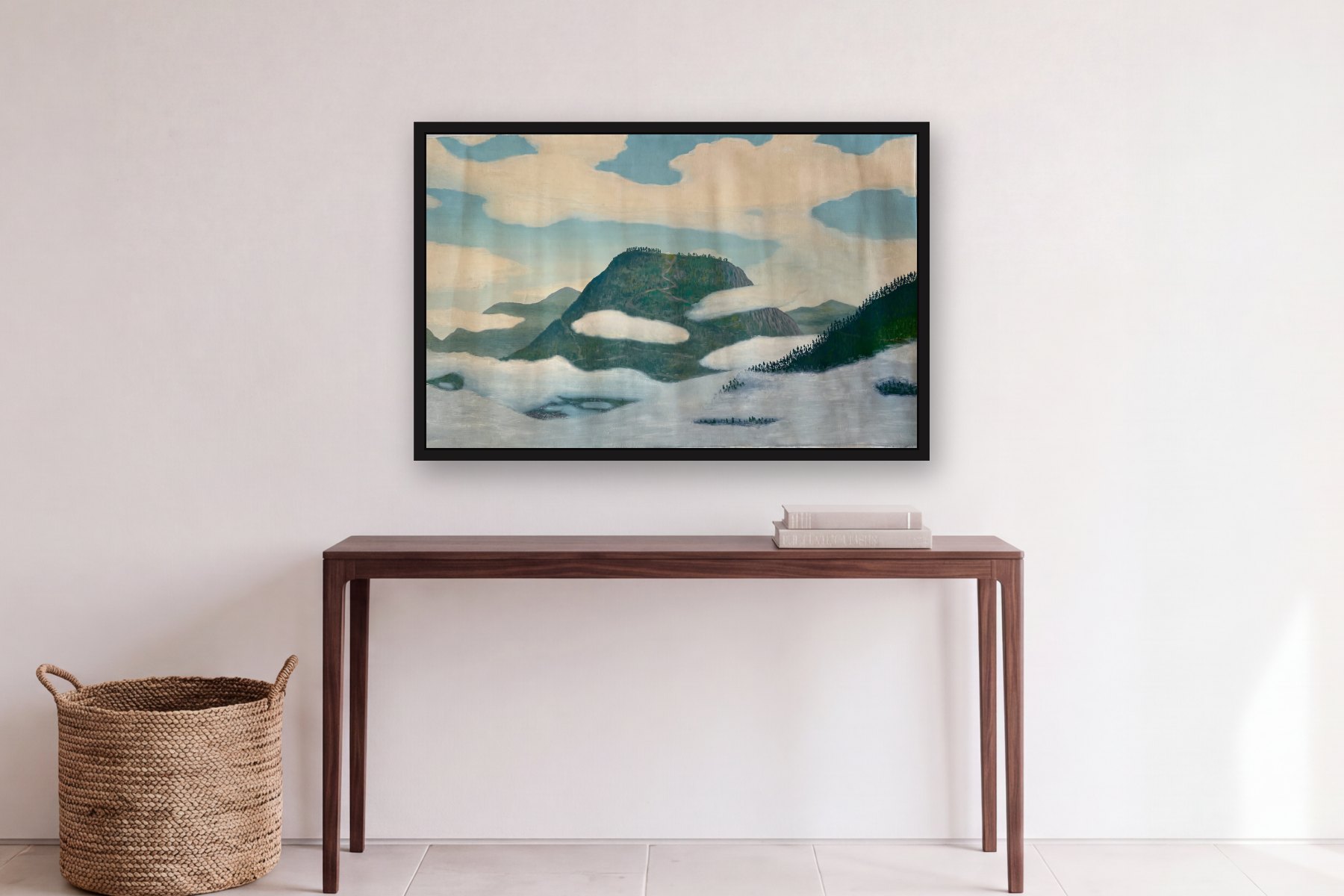 Guadalupe by Bill Sullivan, hanging above a console table in a hallway