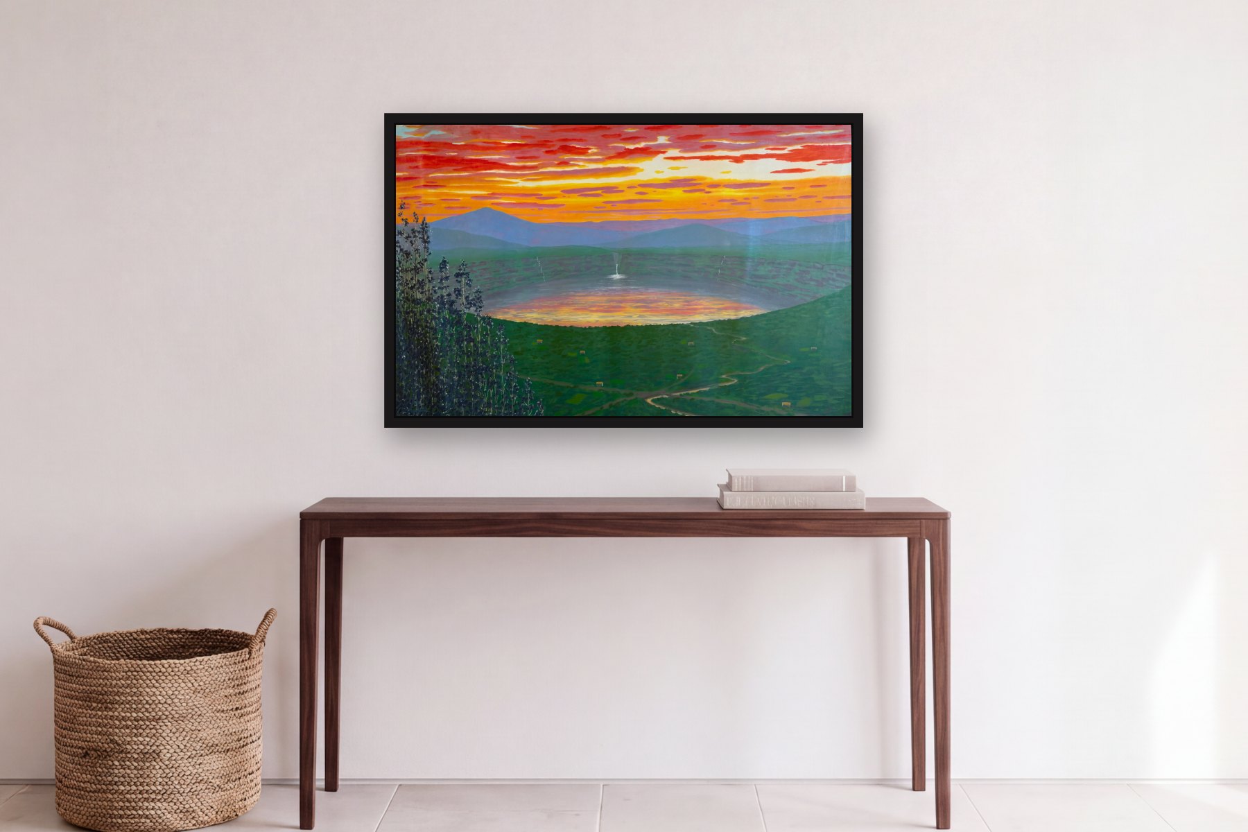 Guatavita Lake in Colombia by Bill Sullivan, hanging above a console table in a hallway