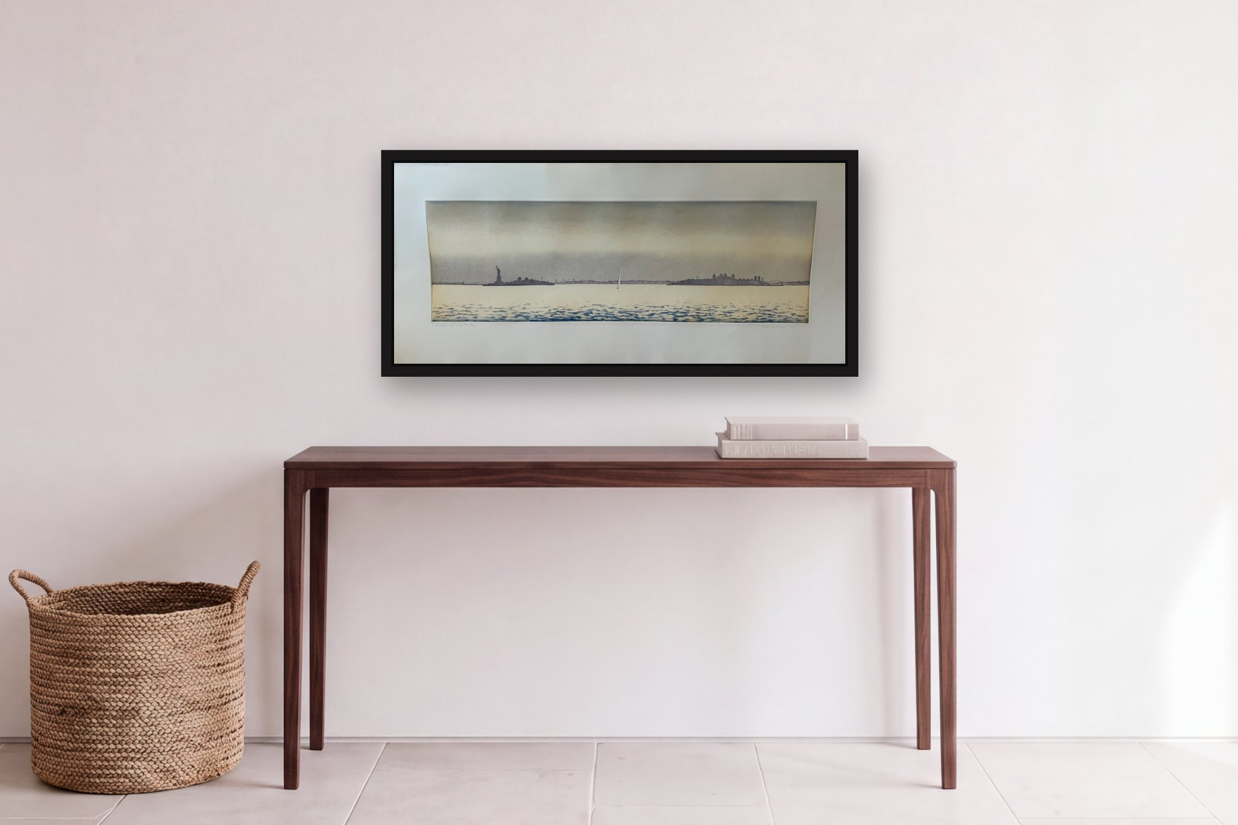 Harbor of Hope I by Bill Sullivan, hanging above a console table in a hallway