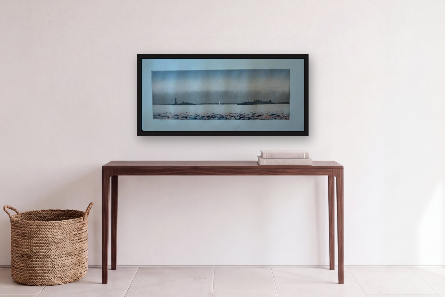 Harbor of Hope I by Bill Sullivan, hanging above a console table in a hallway
