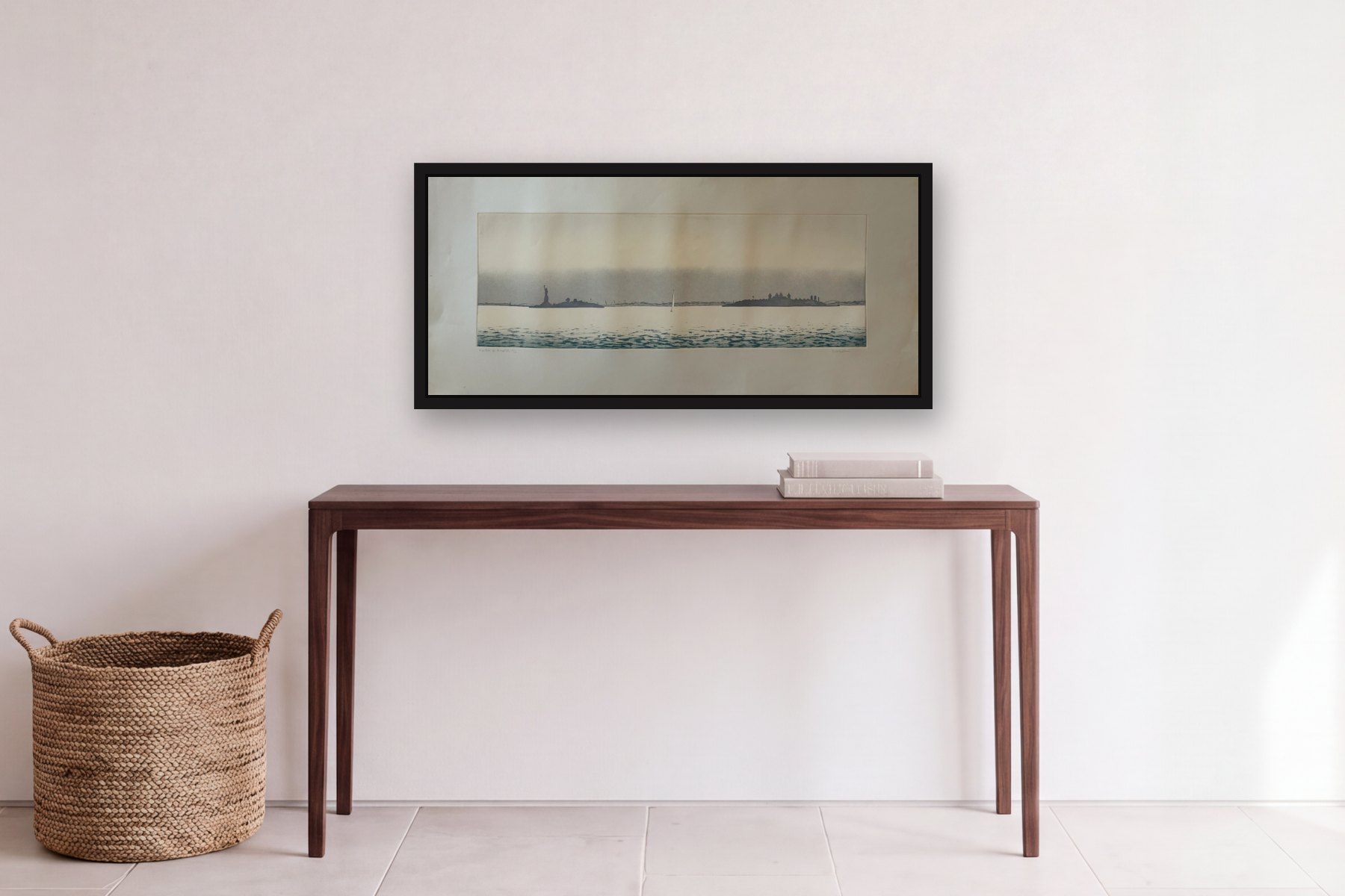 Harbor of Hope III by Bill Sullivan, hanging above a console table in a hallway