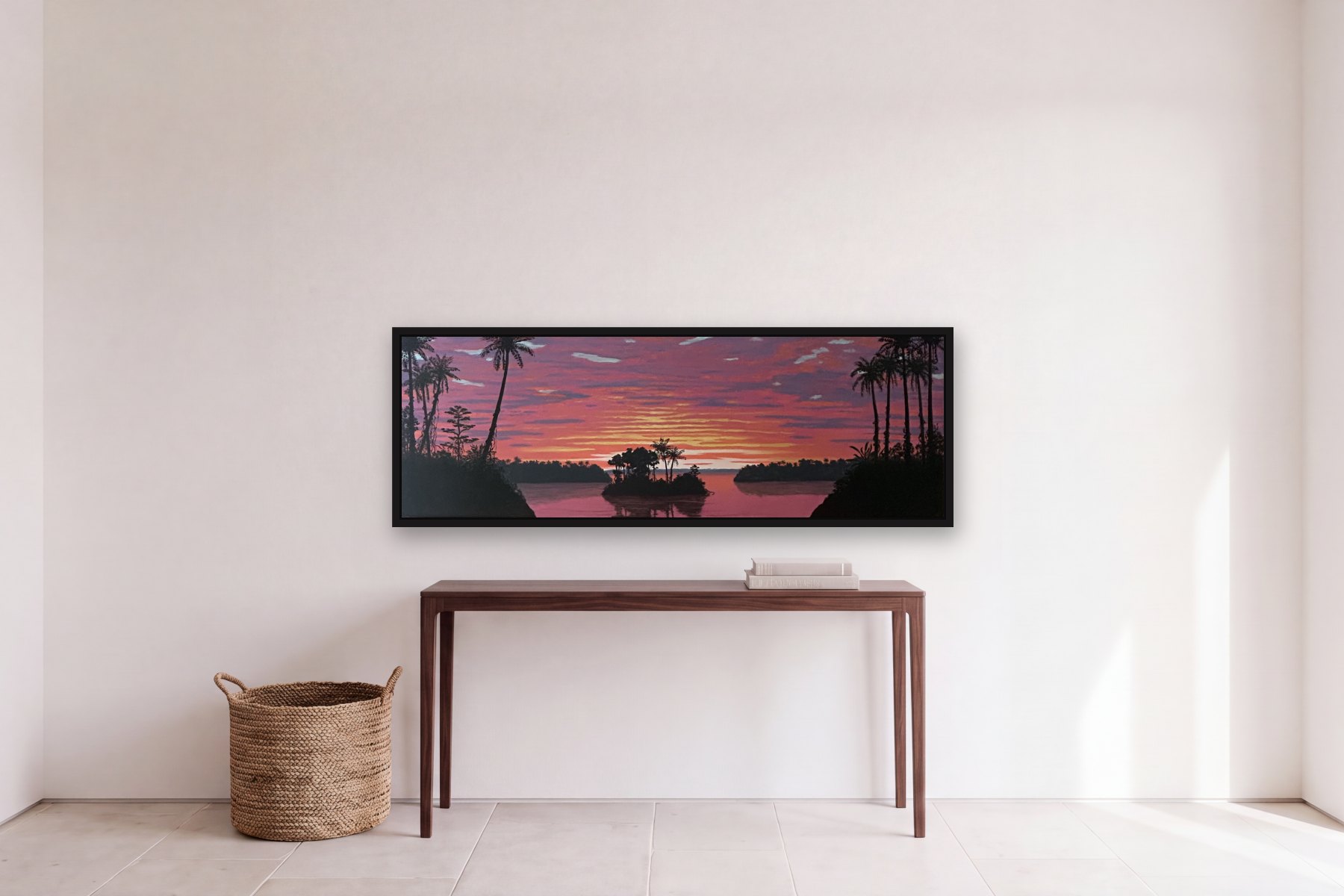 Imaginary Scene Inspired by the Magdalena River in Colombia II by Bill Sullivan, hanging above a console table in a hallway
