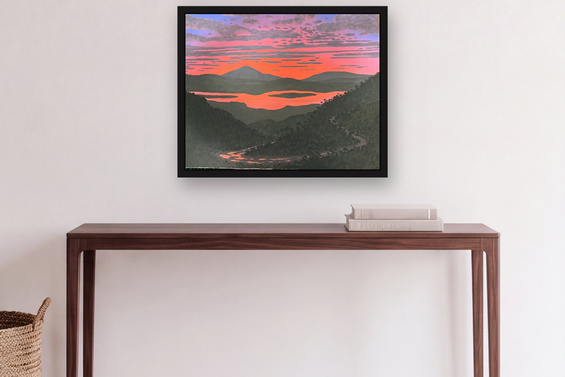 Islands in the Hudson by Bill Sullivan, hanging above a console table in a hallway