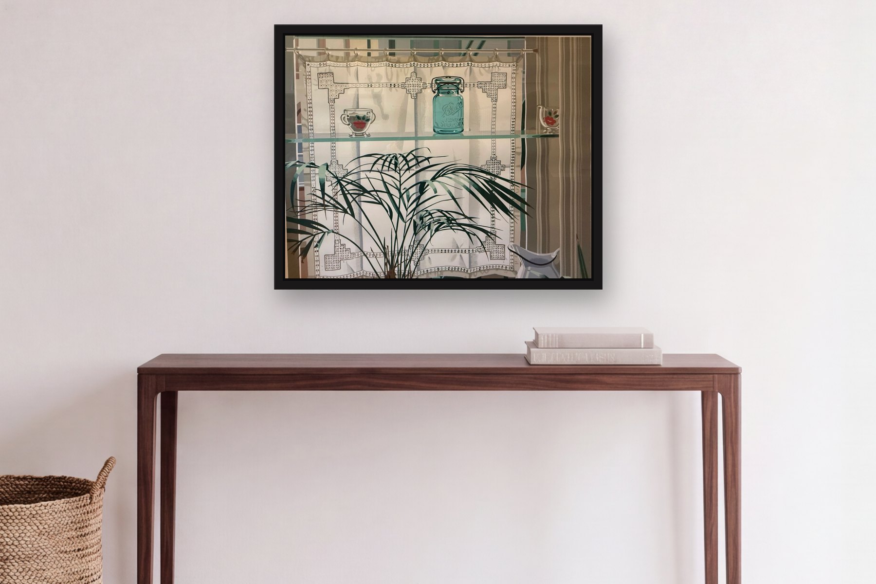Lace Curtains by Nancy Haigan, hanging above a console table in a hallway