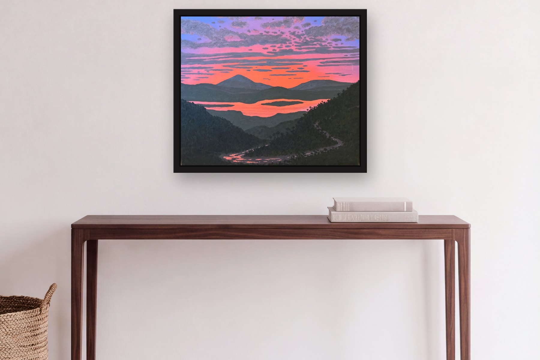 Mountain and River by Bill Sullivan, hanging above a console table in a hallway