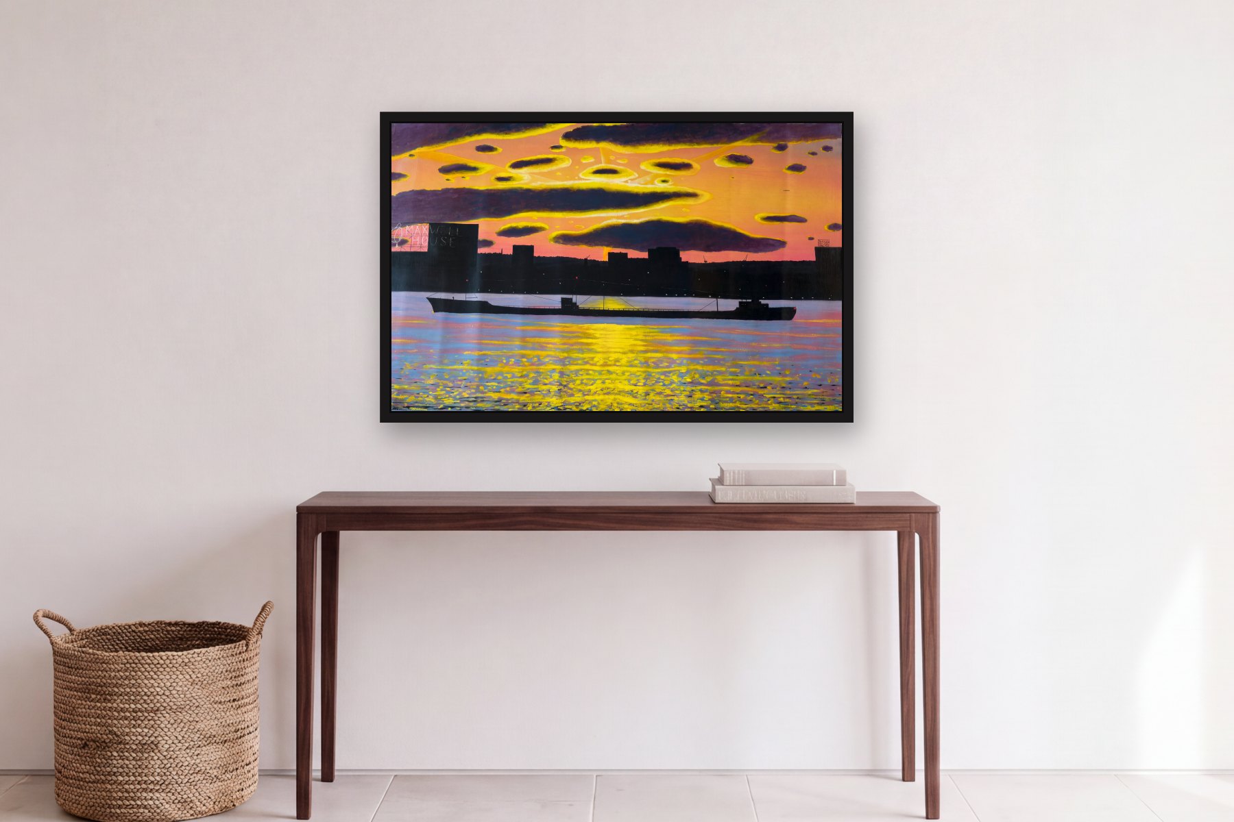 New Jersey Skyline by Bill Sullivan, hanging above a console table in a hallway
