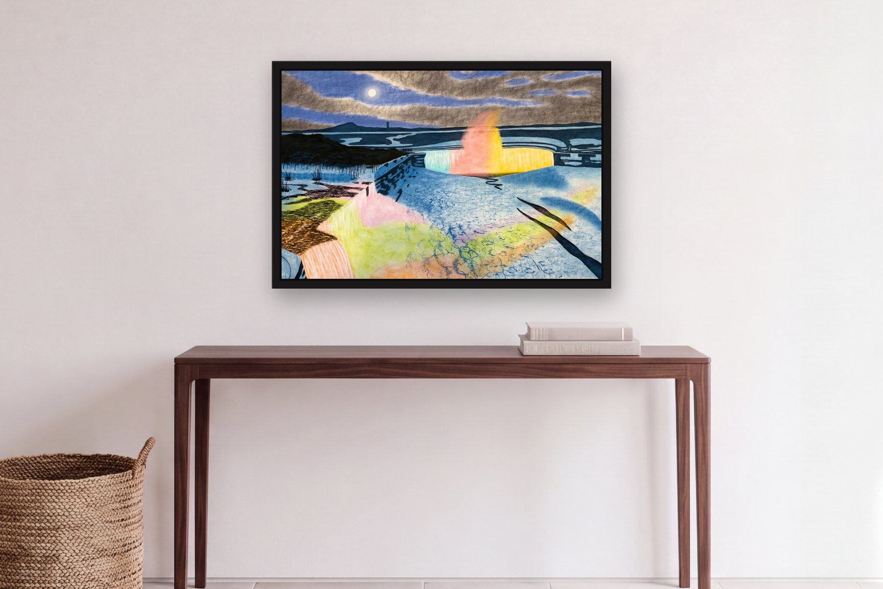 Niagara Illuminated by Bill Sullivan, hanging above a console table in a hallway