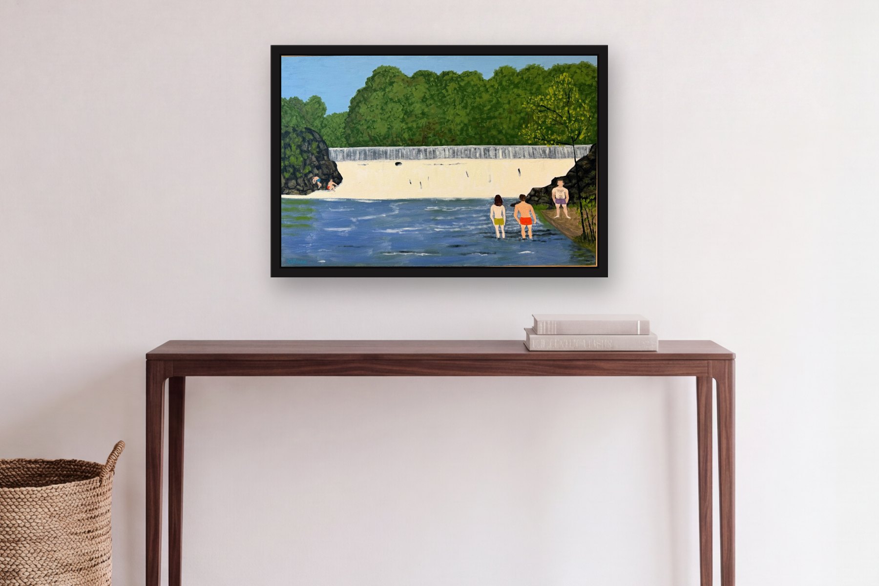 NY Lake by Bill Sullivan, hanging above a console table in a hallway