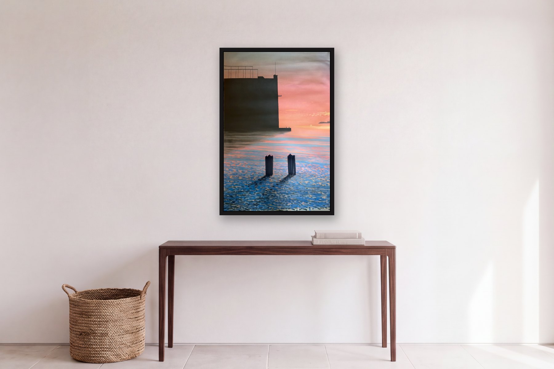 Old Pier in New York by Bill Sullivan, hanging above a console table in a hallway