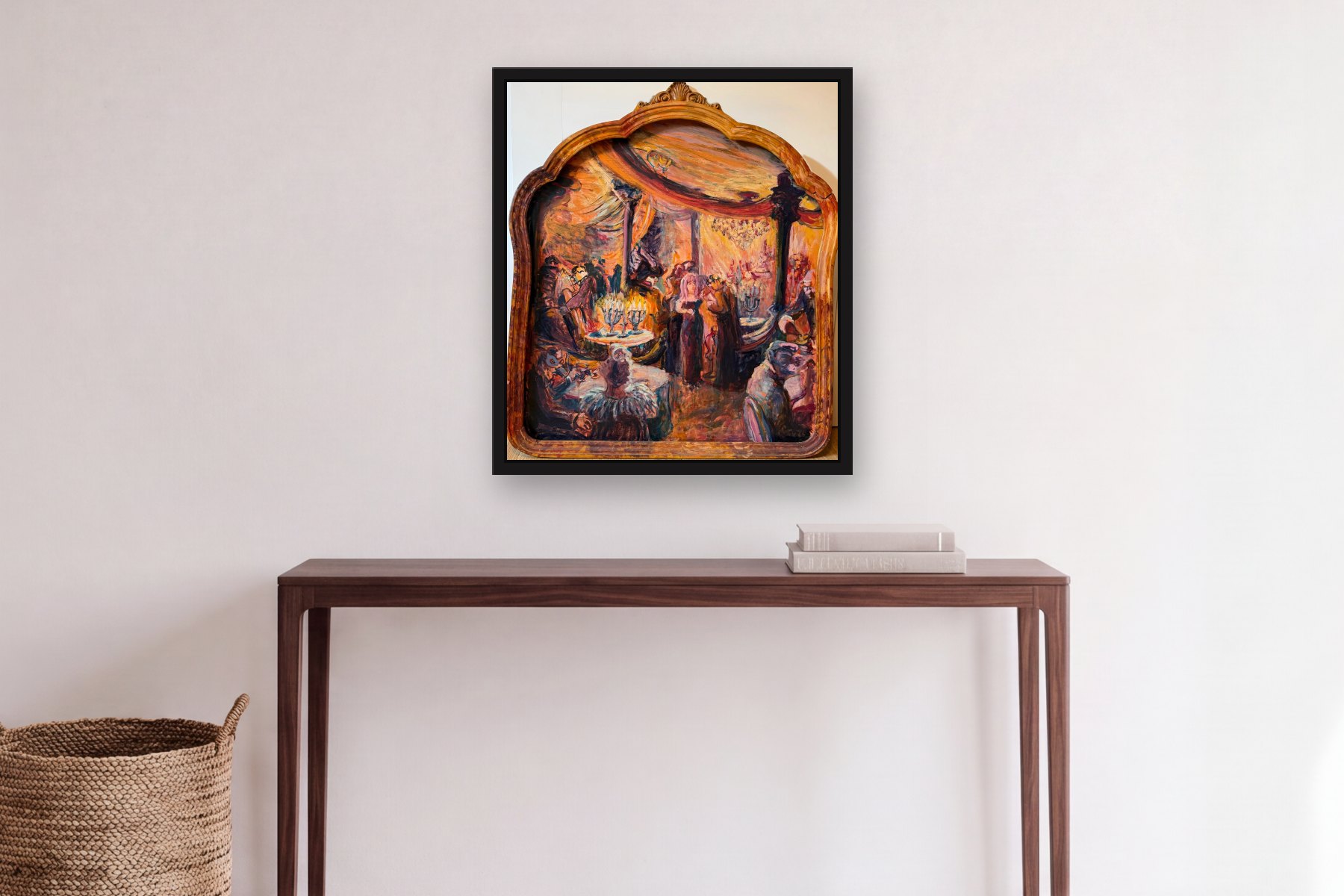 Party in a Frame by Artist not recorded, hanging above a console table in a hallway