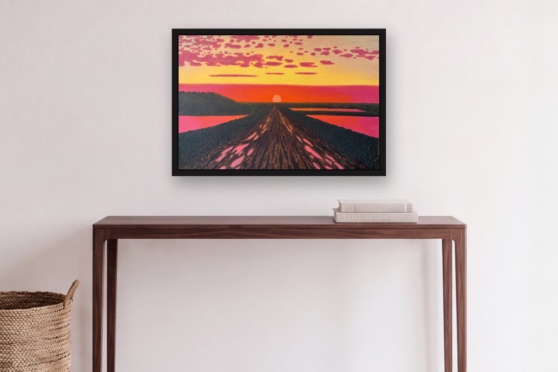 Road to Sun by Bill Sullivan, hanging above a console table in a hallway