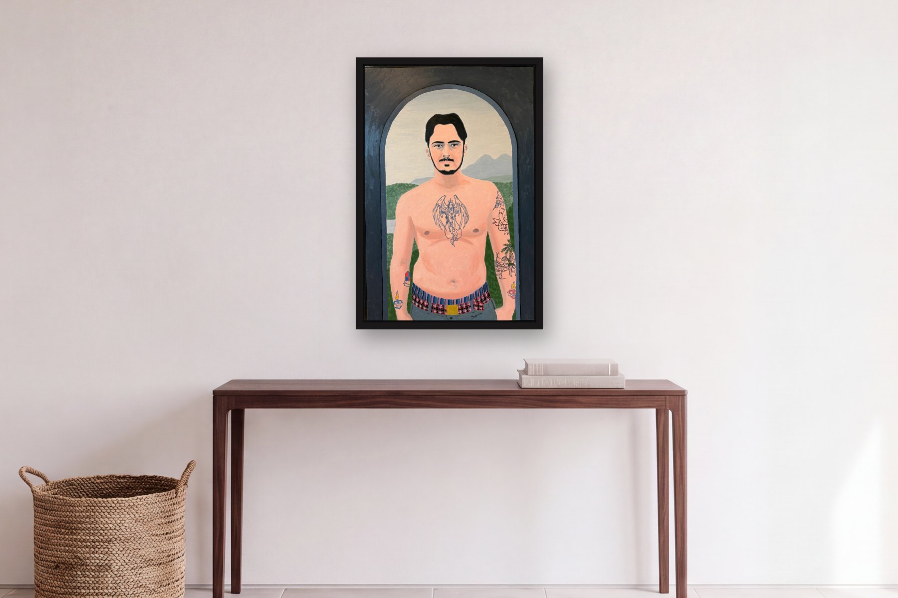 Sailor by Bill Sullivan, hanging above a console table in a hallway