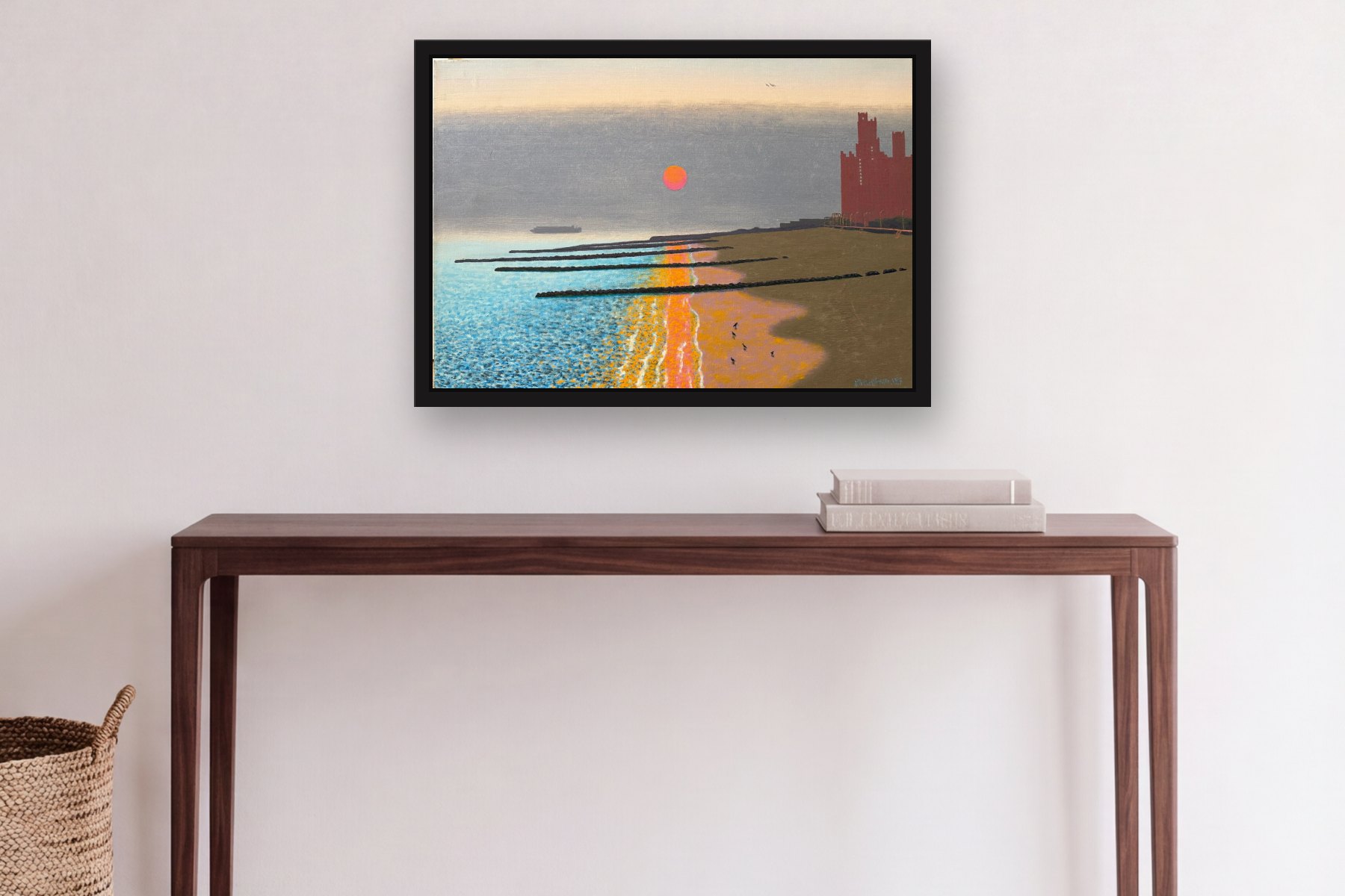 Serenity Beach by Bill Sullivan, hanging above a console table in a hallway