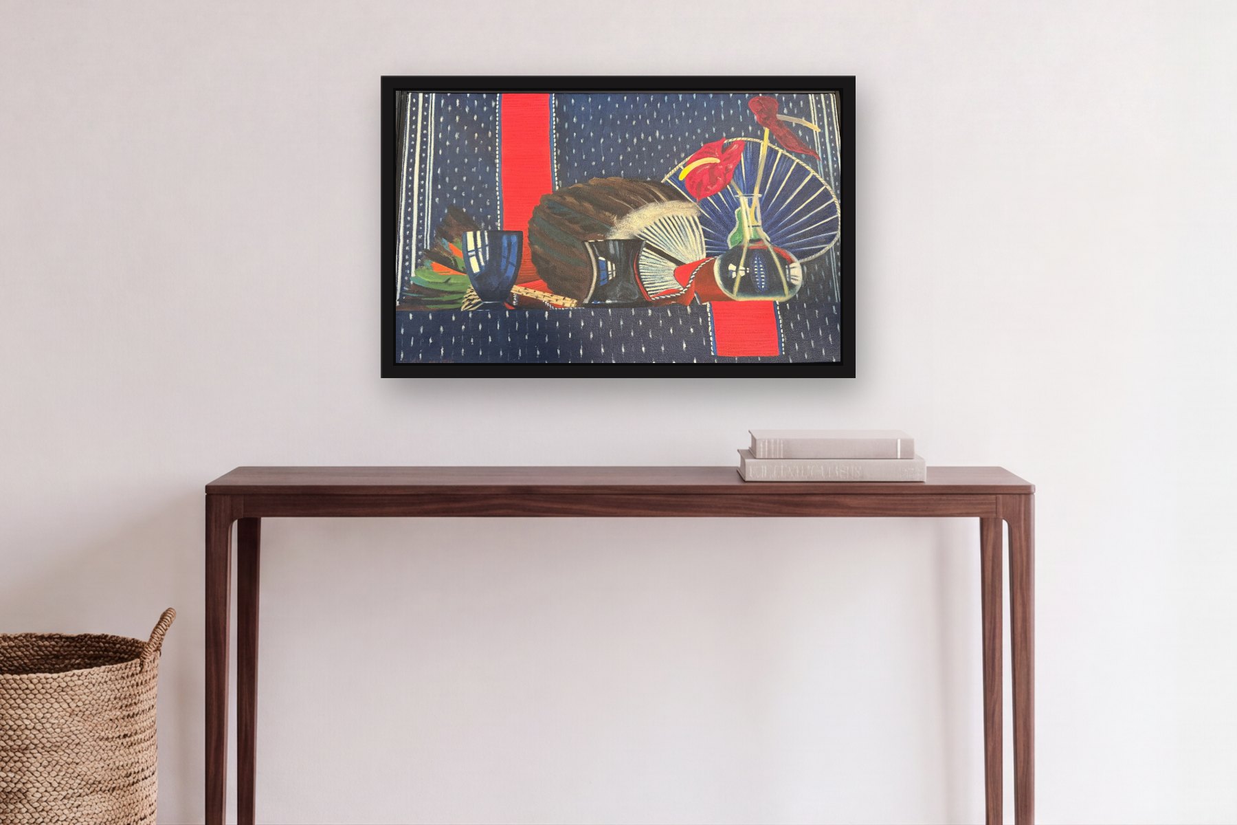 Still Life with Fans by Bill Sullivan, hanging above a console table in a hallway