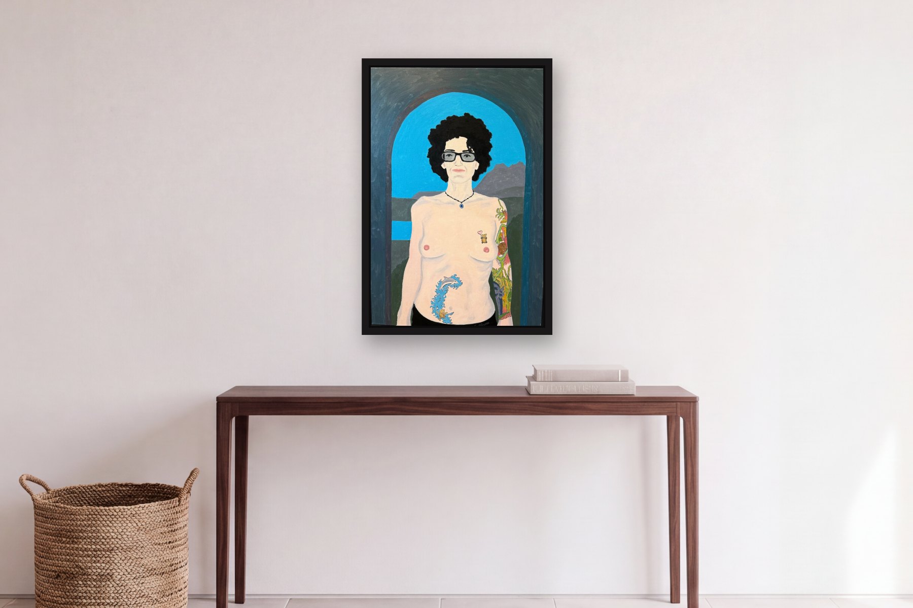 Teddy Bear by Bill Sullivan, hanging above a console table in a hallway
