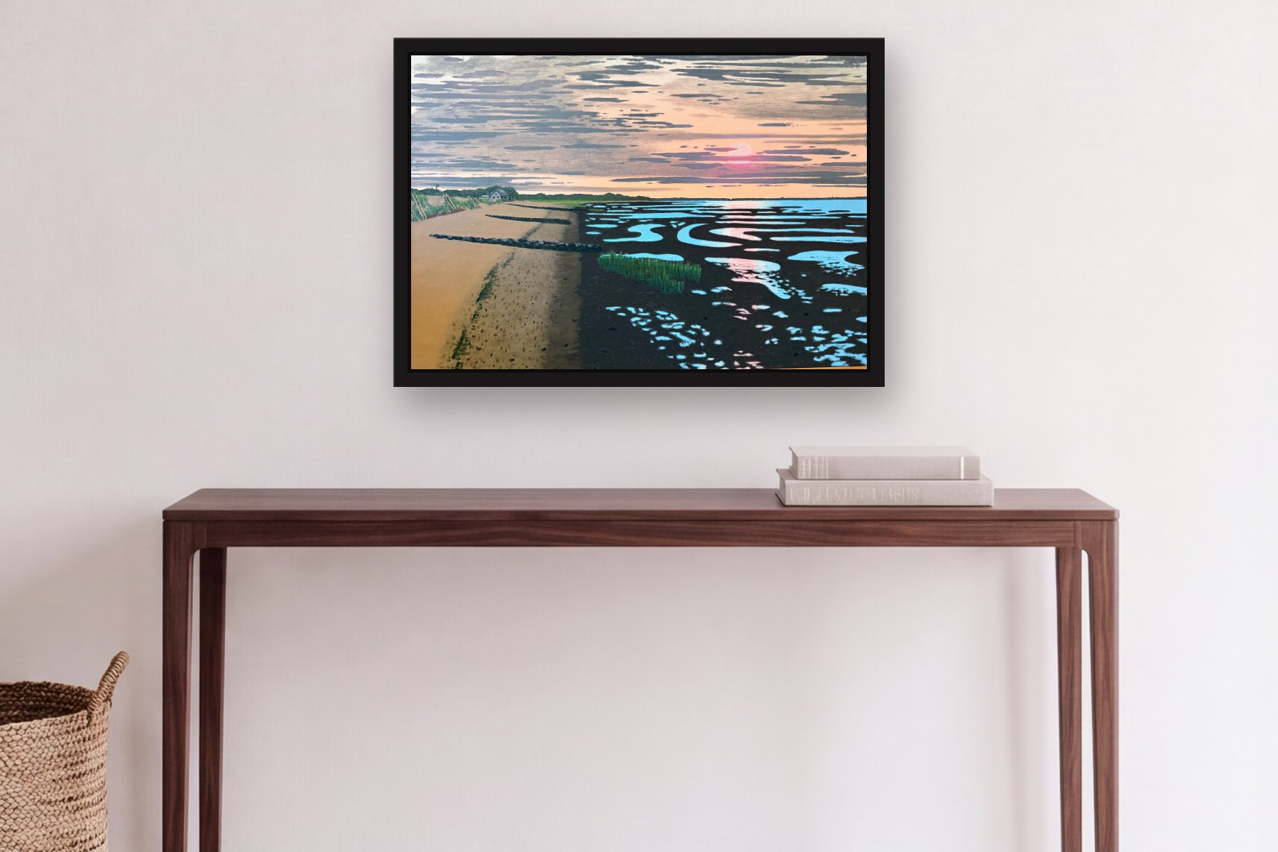 Low Tide at Sunset by Bill Sullivan, hanging above a console table in a hallway