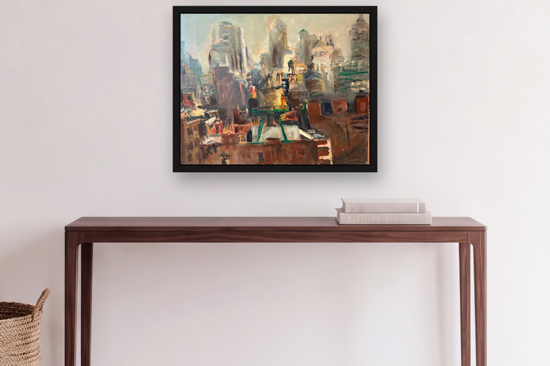 Untitled by Middlanan, hanging above a console table in a hallway