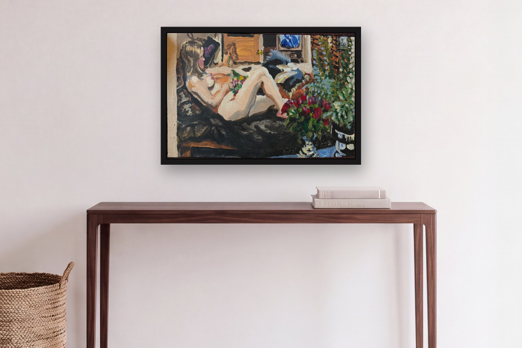 Woman Lounging by Artist not recorded, hanging above a console table in a hallway
