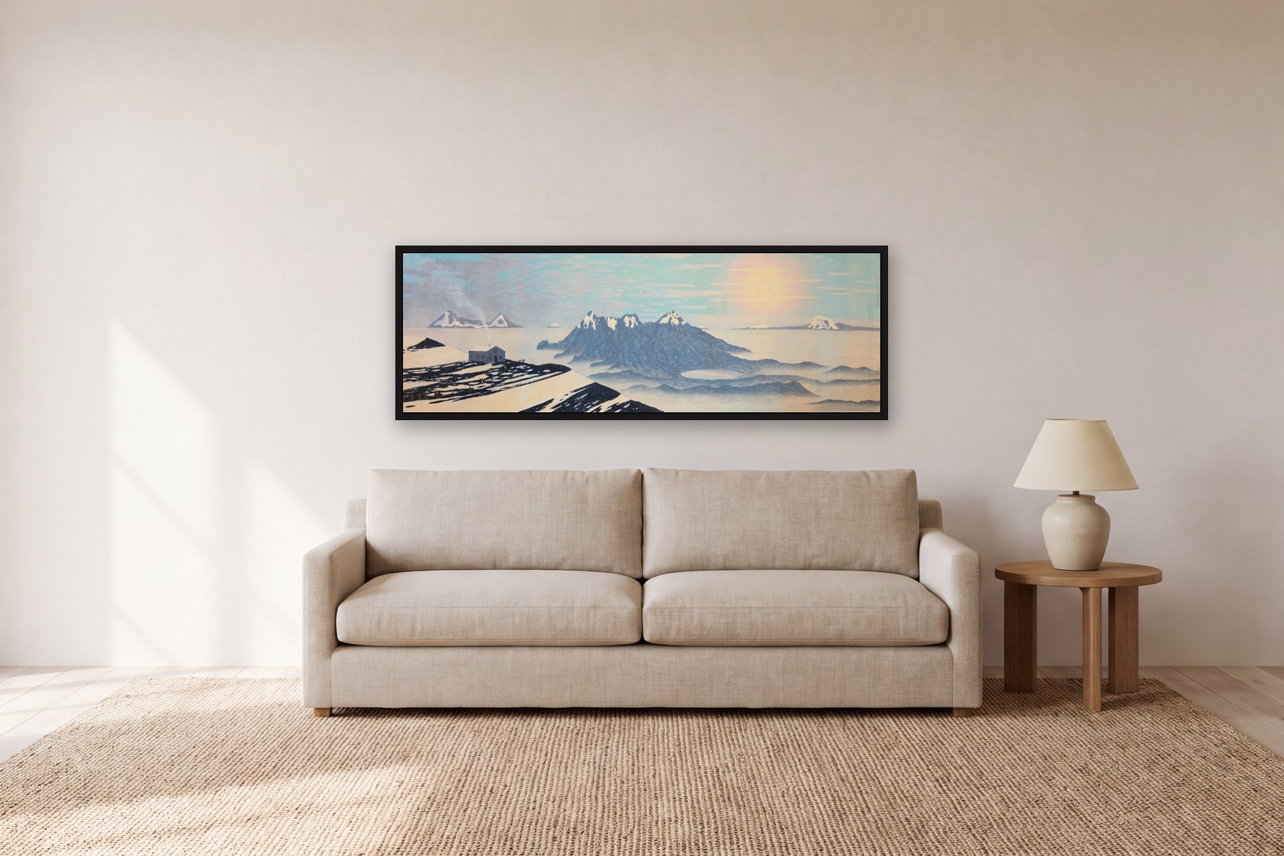 A View of the Ilinizas from Cotopaxi by Bill Sullivan, hanging above a sofa in a living room