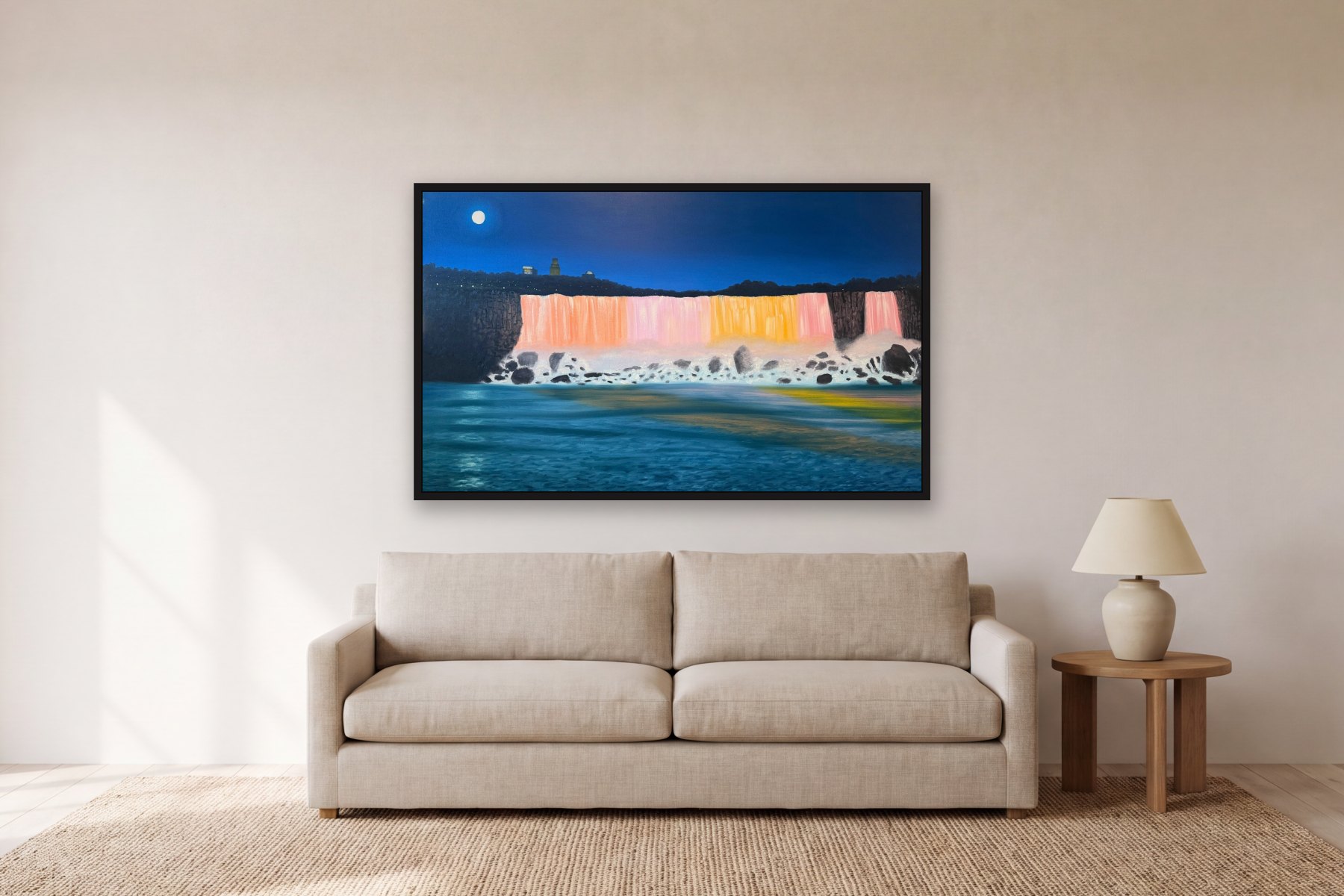 American Falls Illuminated by Bill Sullivan, hanging above a sofa in a living room