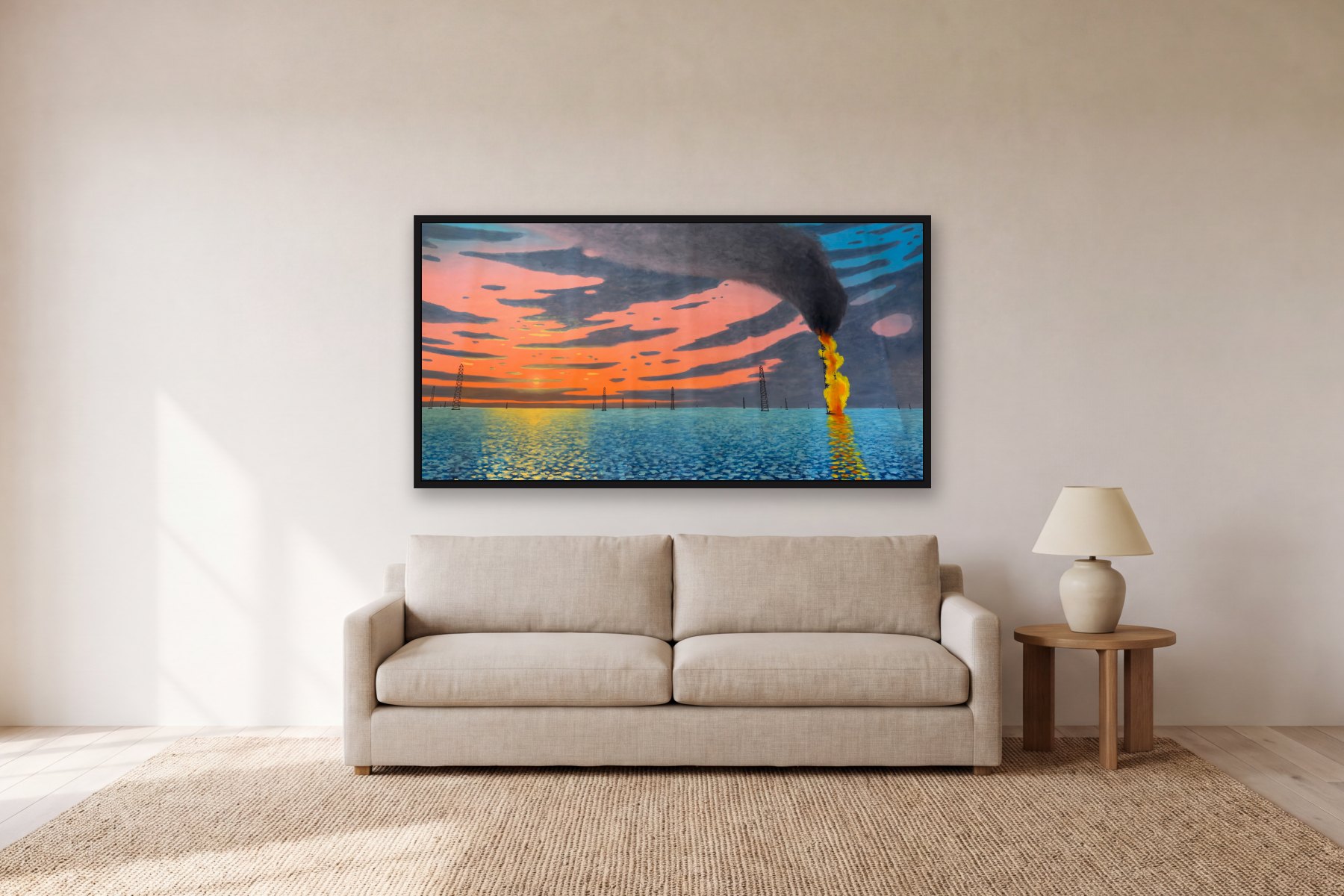 Burning Oil Well in Lake Maracaibo by Bill Sullivan, hanging above a sofa in a living room
