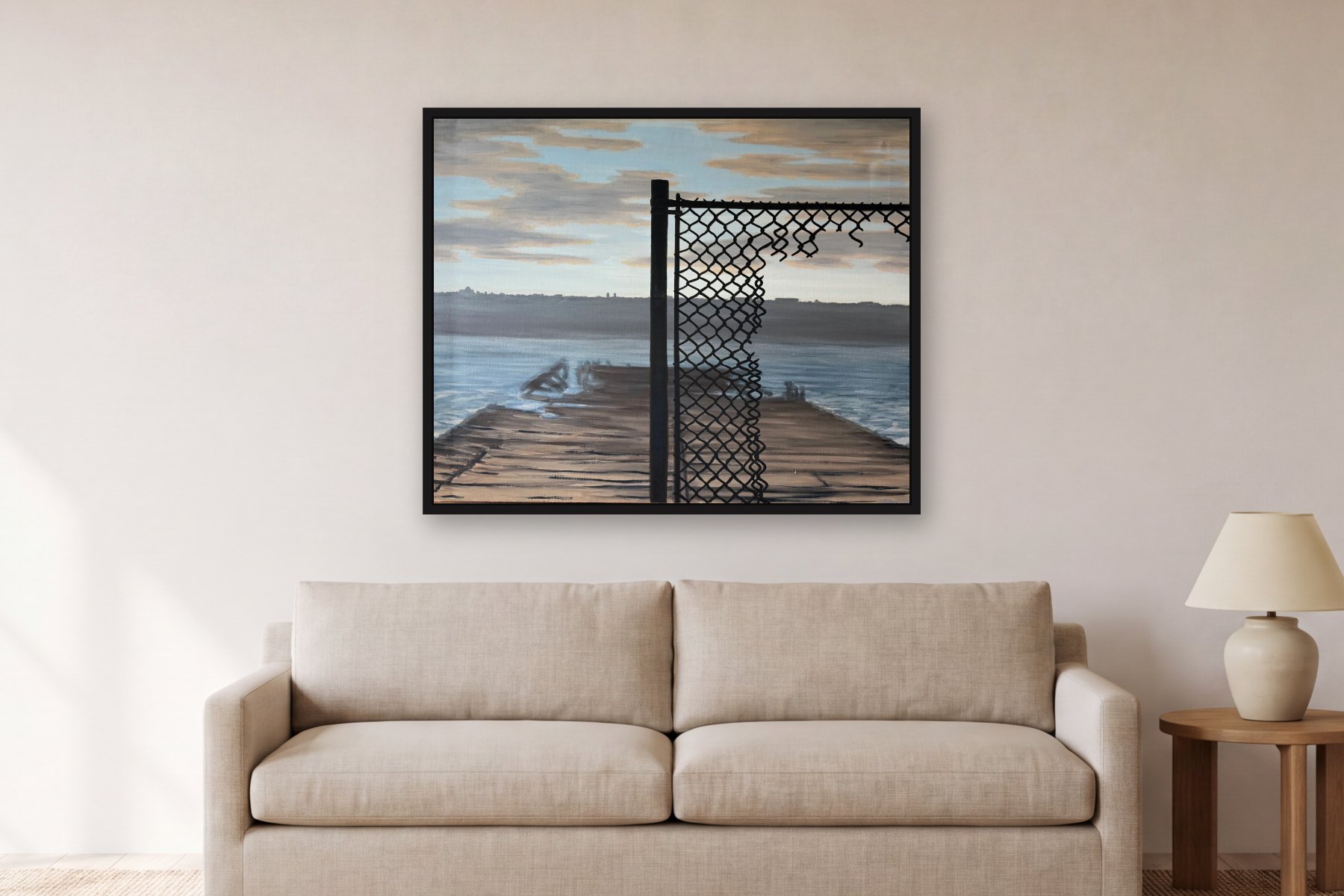 Dock by Bill Sullivan, hanging above a sofa in a living room