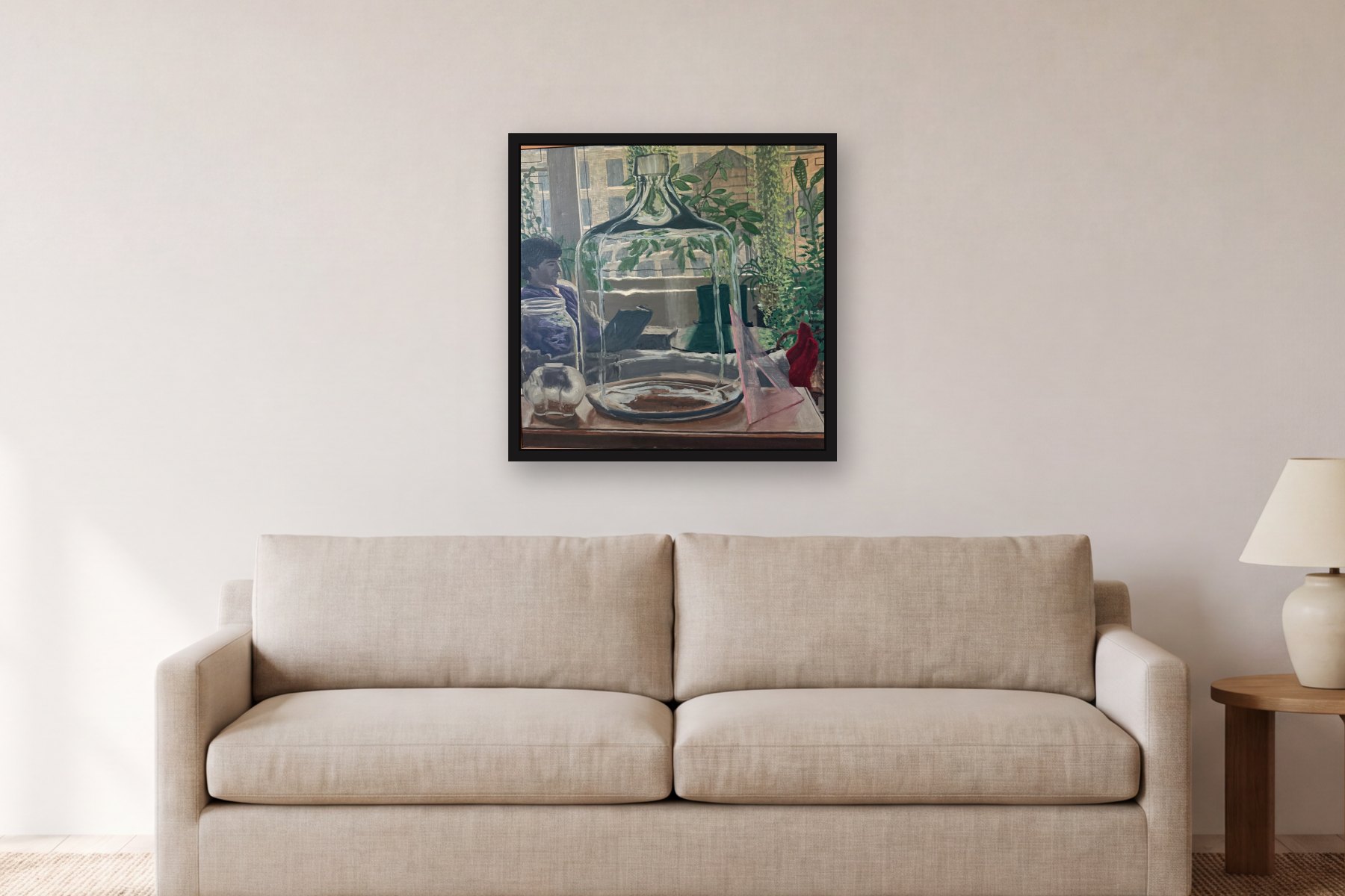 Green Jug by Bill Sullivan, hanging above a sofa in a living room