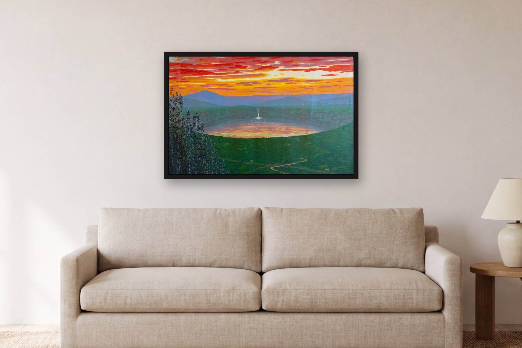 Guatavita Lake in Colombia by Bill Sullivan, hanging above a sofa in a living room