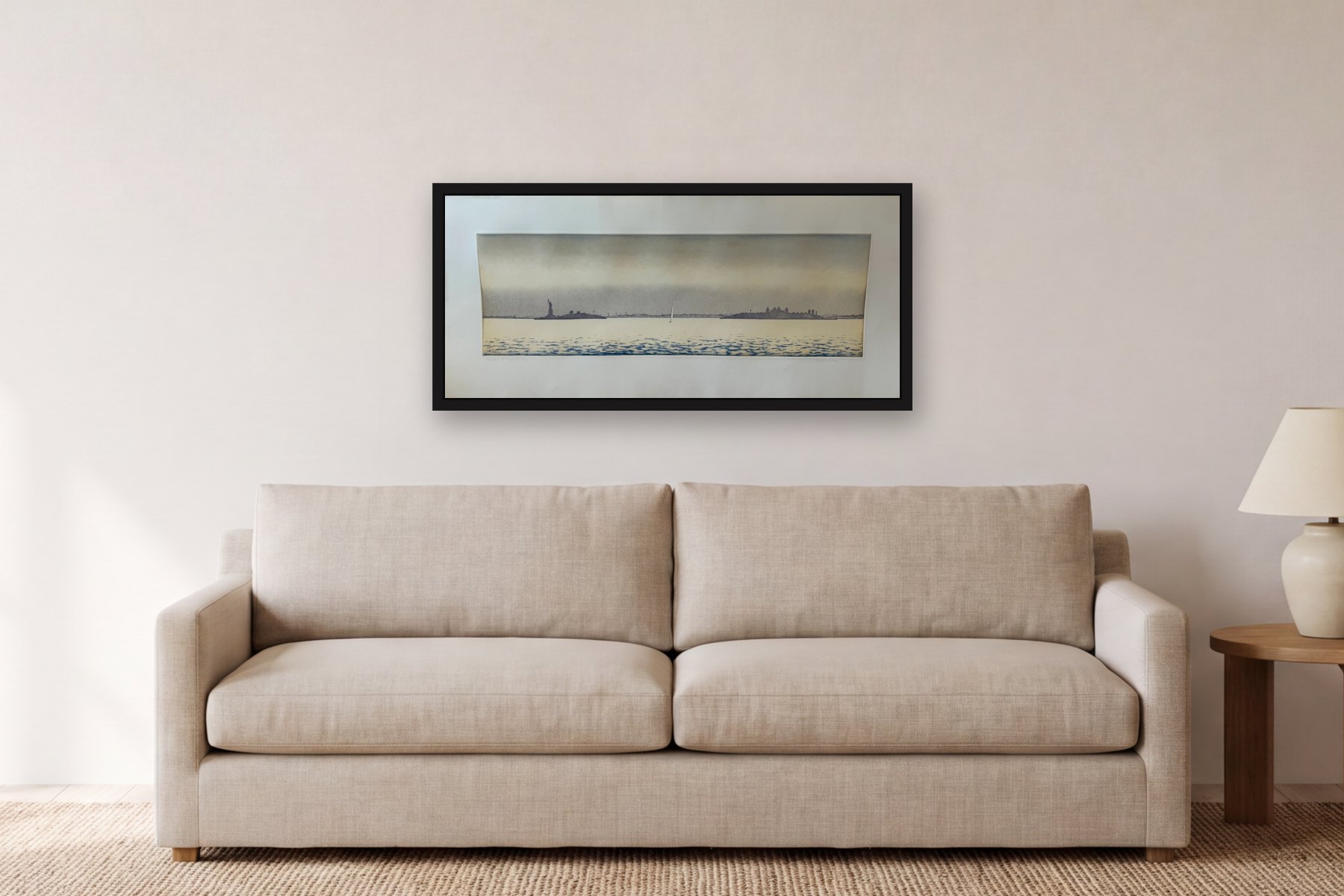 Harbor of Hope I by Bill Sullivan, hanging above a sofa in a living room