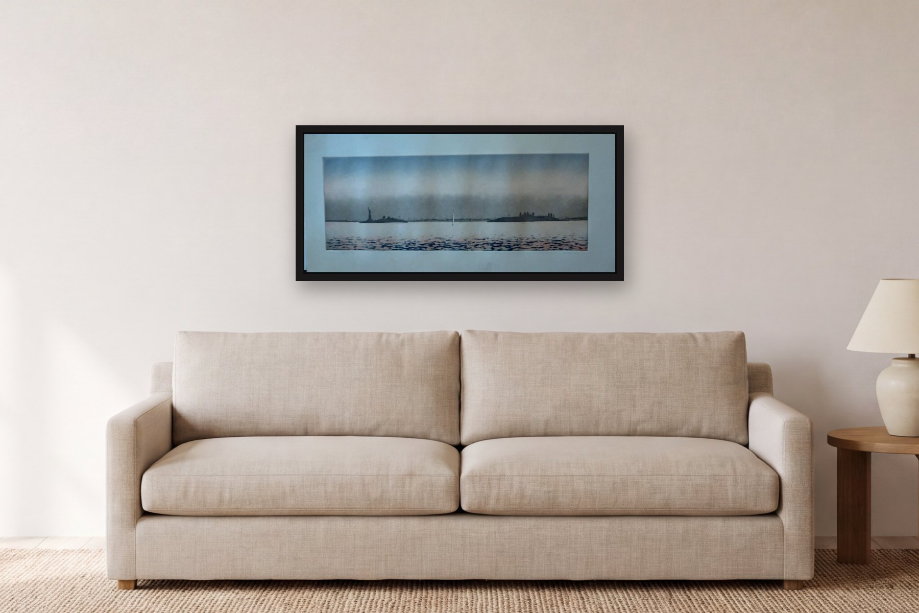 Harbor of Hope I by Bill Sullivan, hanging above a sofa in a living room
