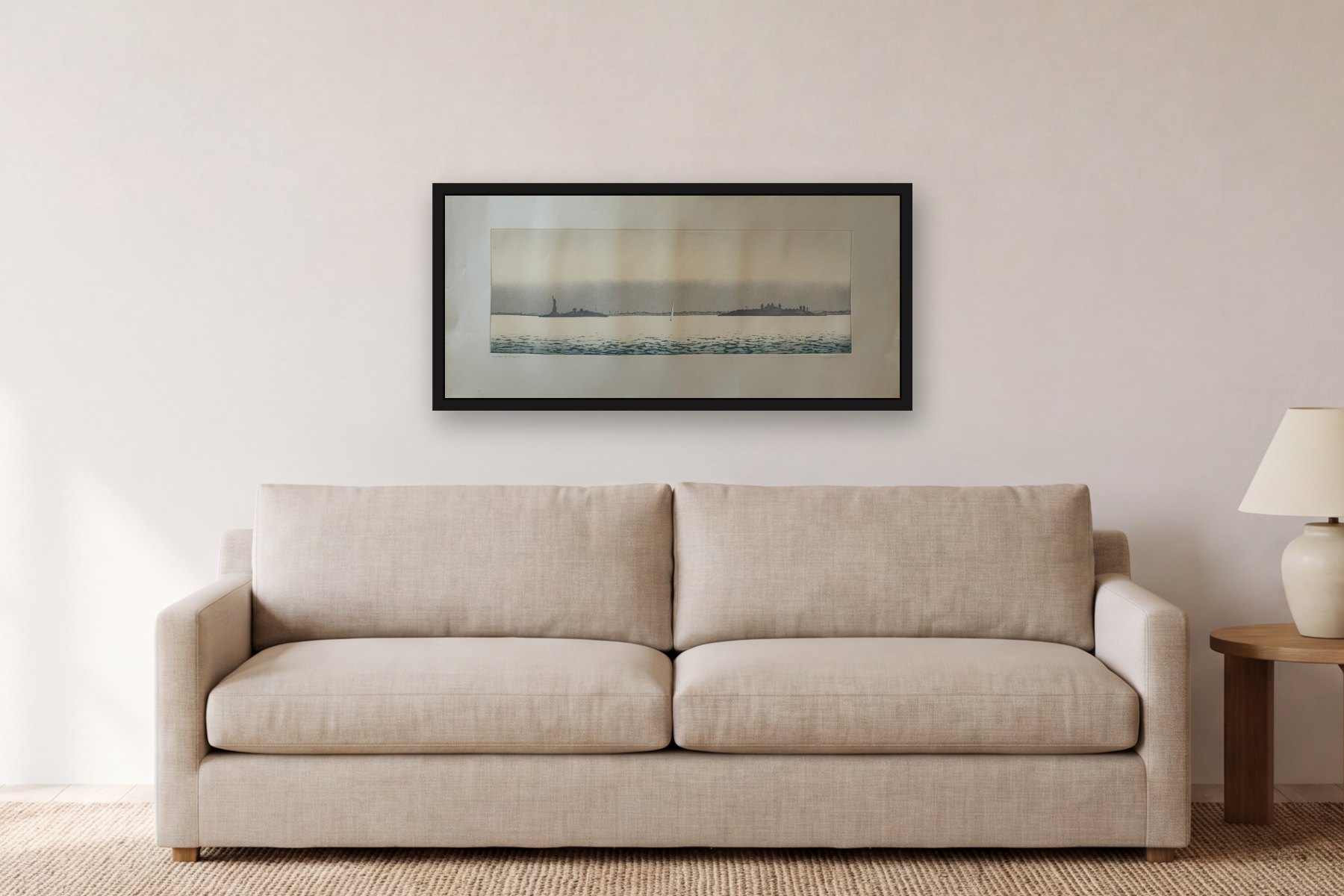 Harbor of Hope III by Bill Sullivan, hanging above a sofa in a living room