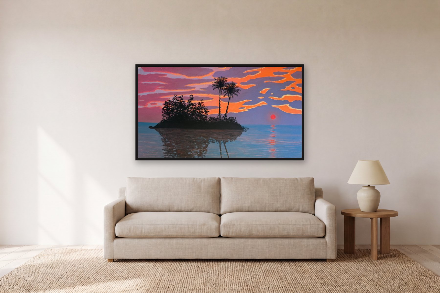 Imaginary Scene Inspired by the Magdalena River in Colombia by Bill Sullivan, hanging above a sofa in a living room