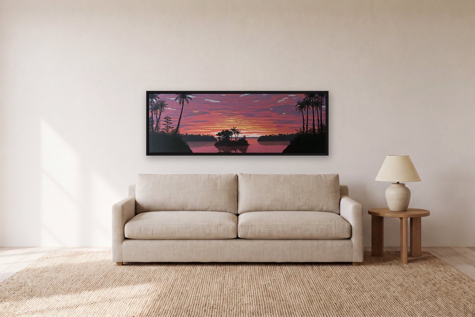 Imaginary Scene Inspired by the Magdalena River in Colombia II by Bill Sullivan, hanging above a sofa in a living room