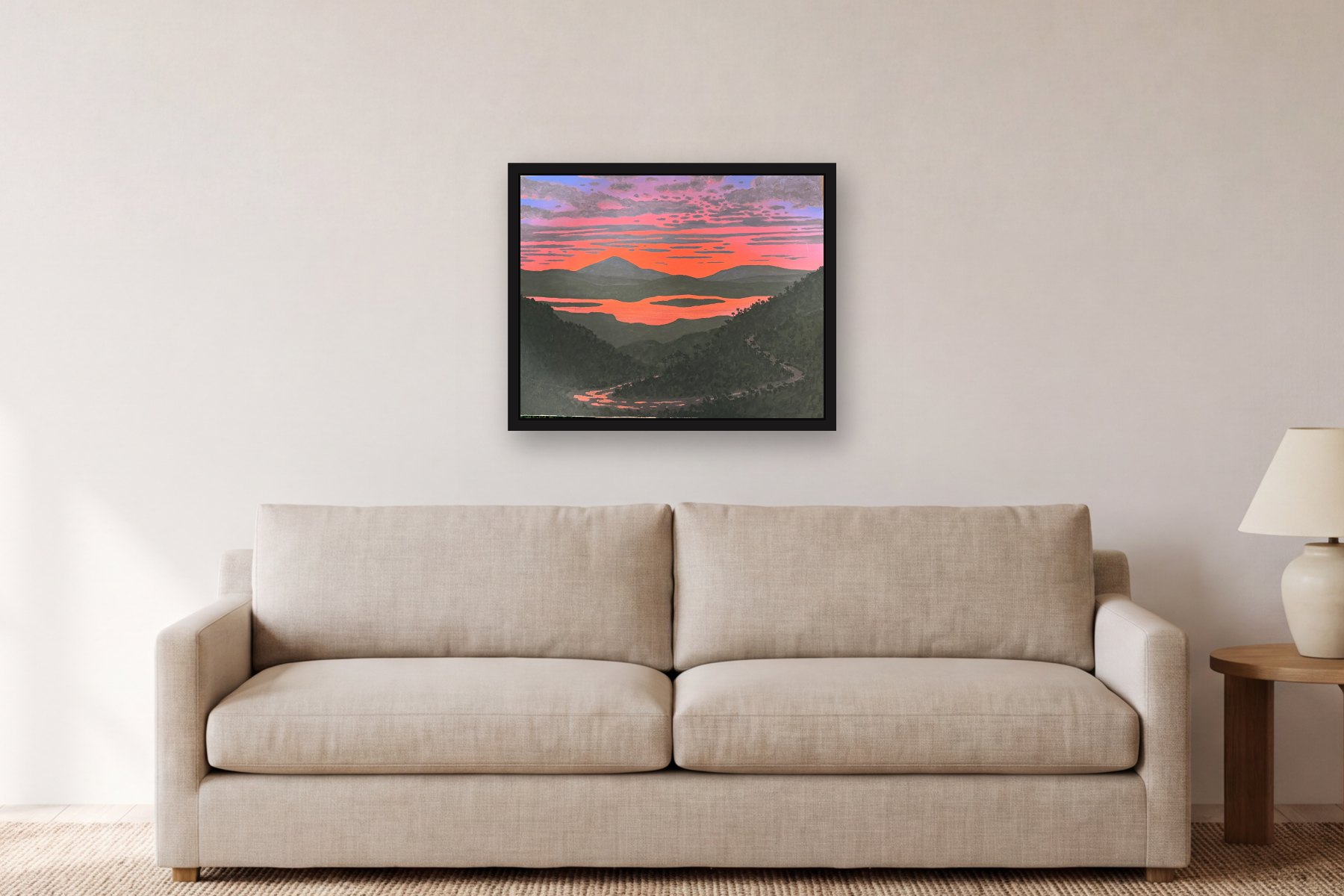 Islands in the Hudson by Bill Sullivan, hanging above a sofa in a living room