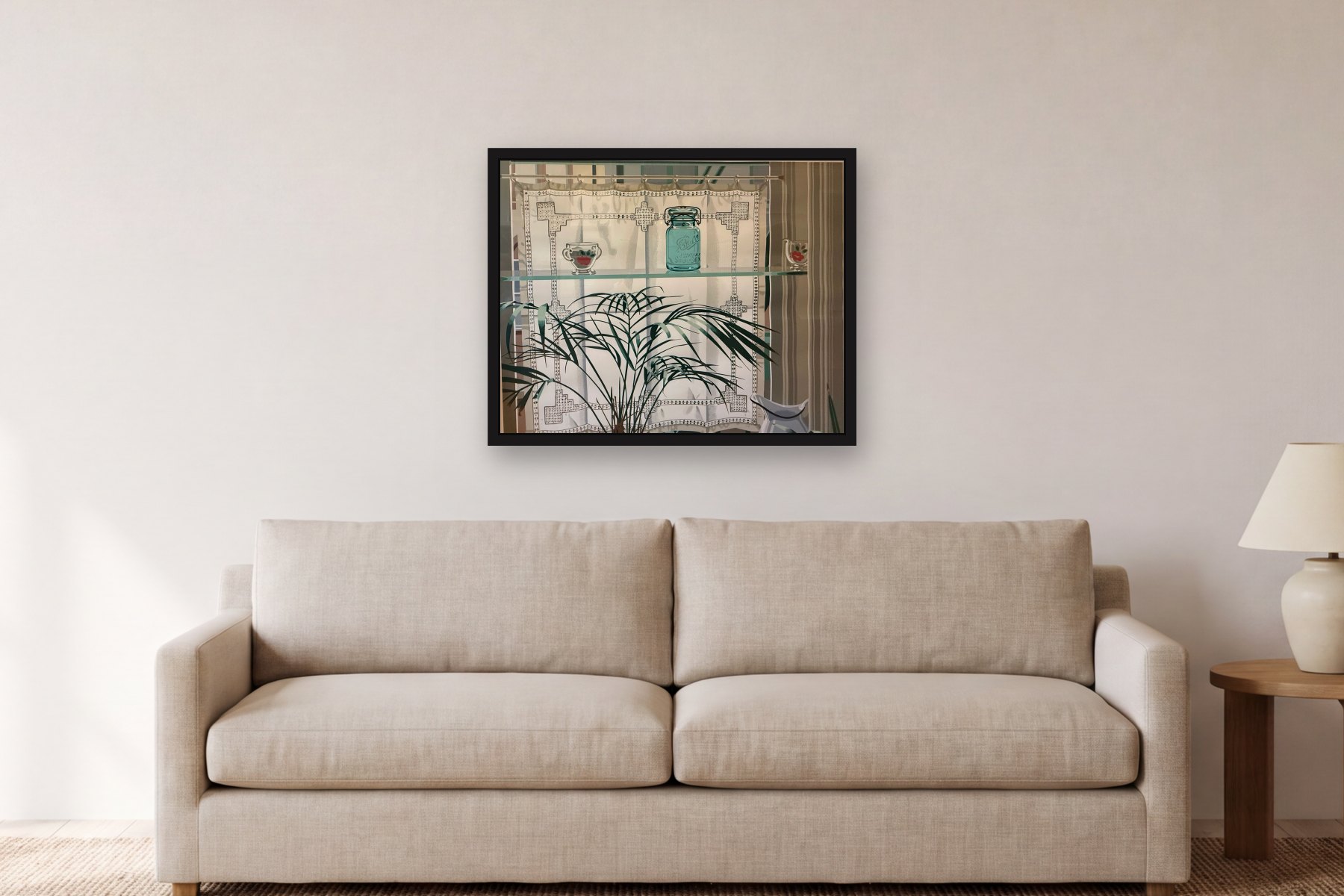 Lace Curtains by Nancy Haigan, hanging above a sofa in a living room